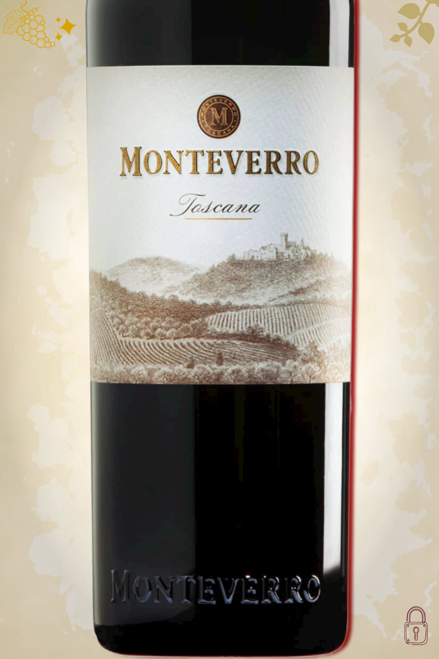 Close-up van het etiket van Monteverro IGT 2009 – logo- en vintagegegevens