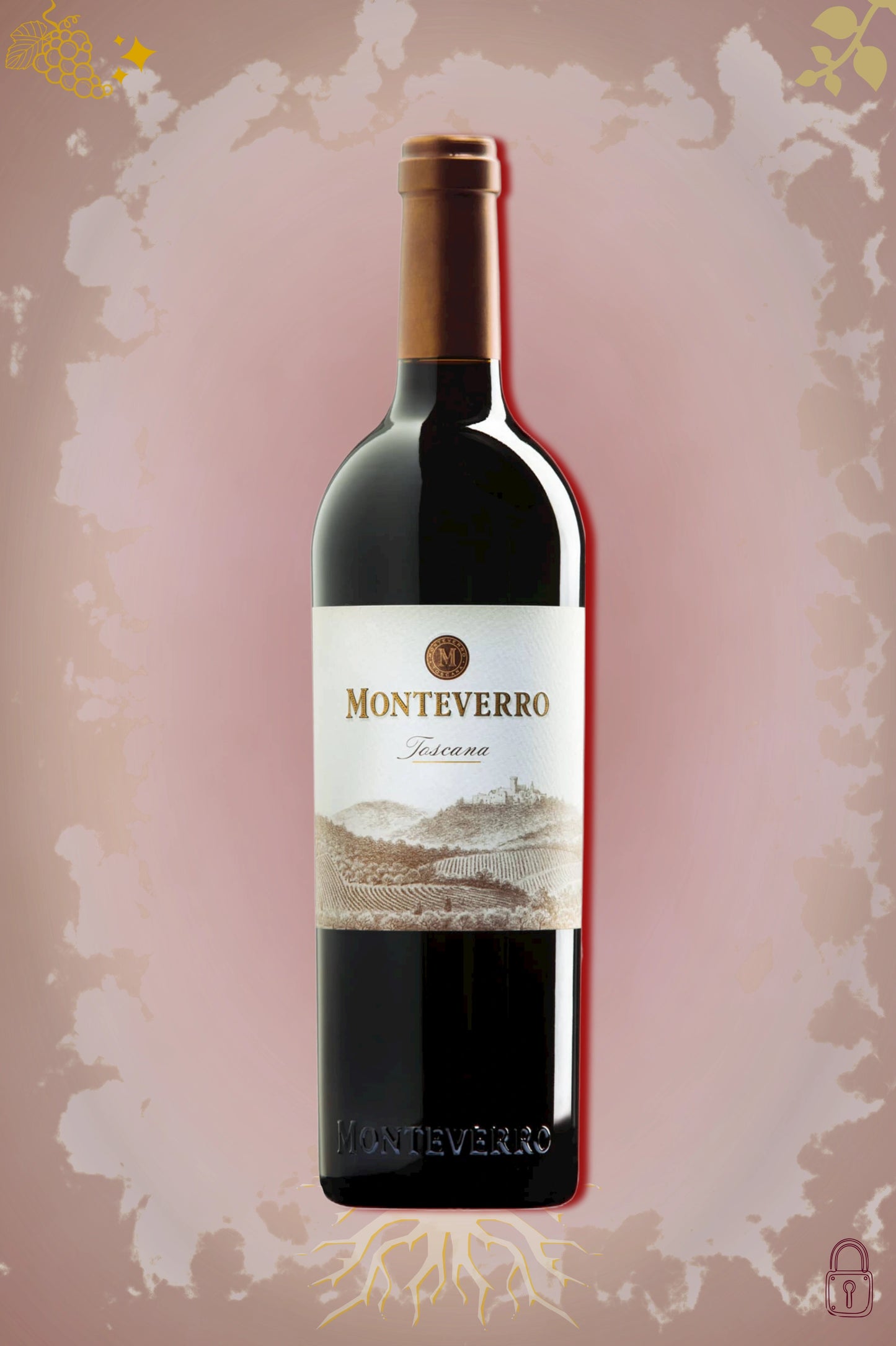 Fles Monteverro Toscana 2009, rode wijn uit Toscane, tegen bordeauxrode achtergrond.