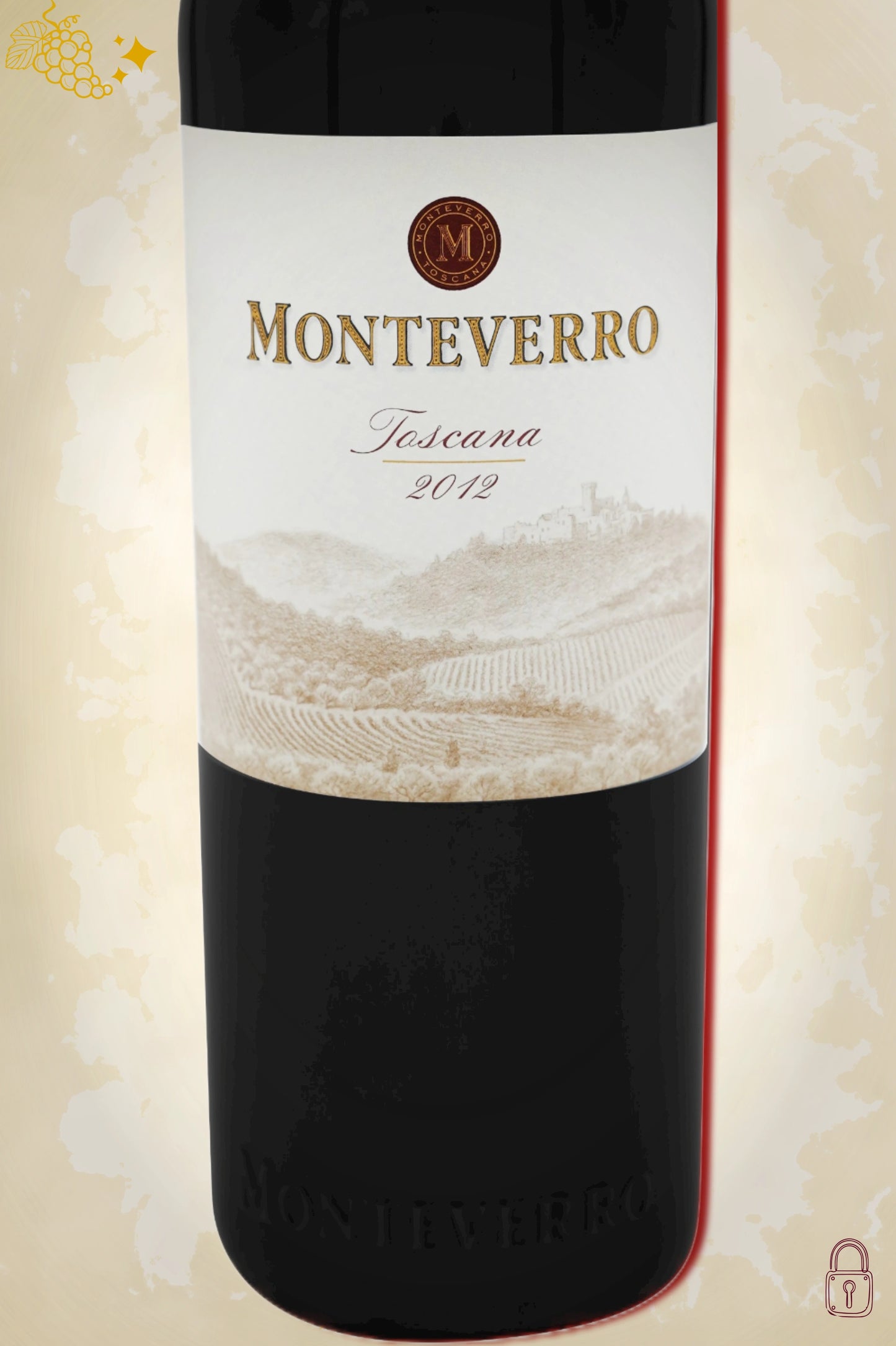 Close-up van het etiket van Monteverro IGT 2012 – logo- en vintagegegevens