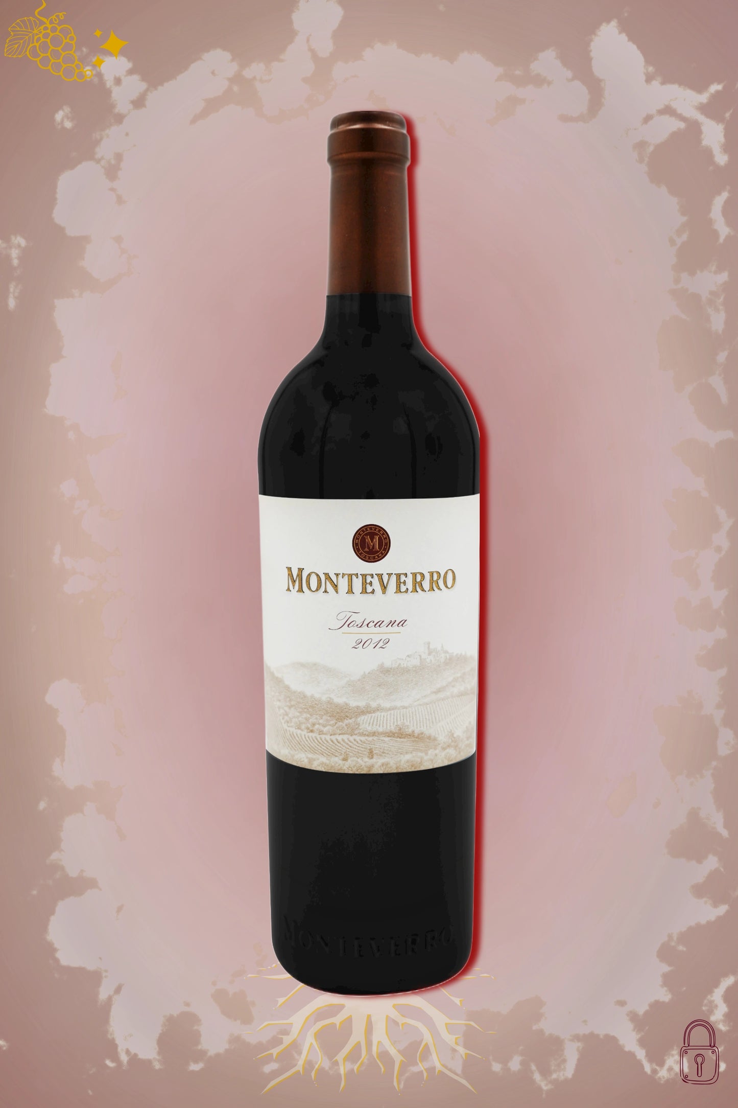 Fles Monteverro Toscana 2012, Italiaanse rode wijn uit Toscane, tegen bordeauxrode achtergrond.