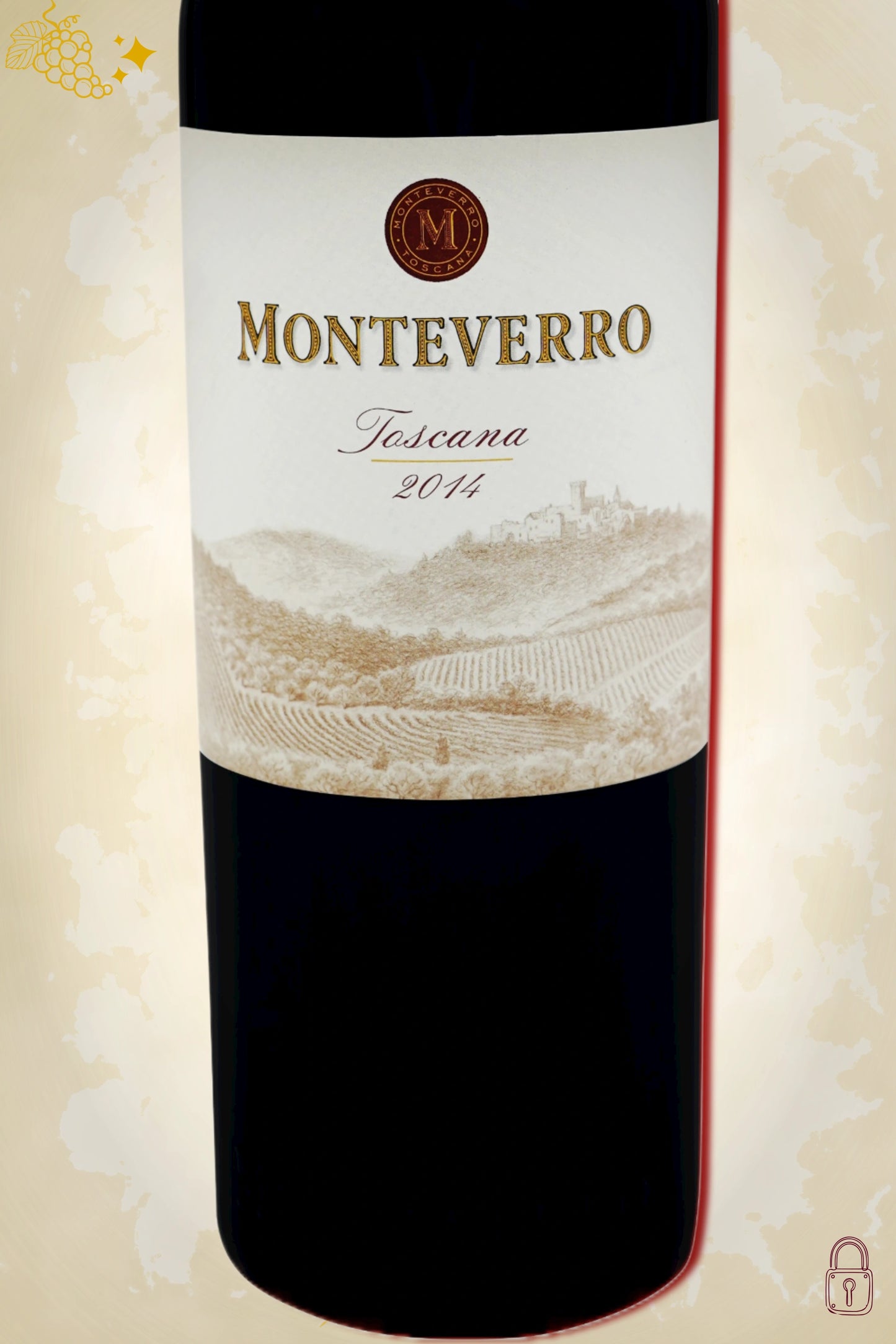 Close-up van het etiket van Monteverro Premium 2014 – Toscane IGT-kenmerken