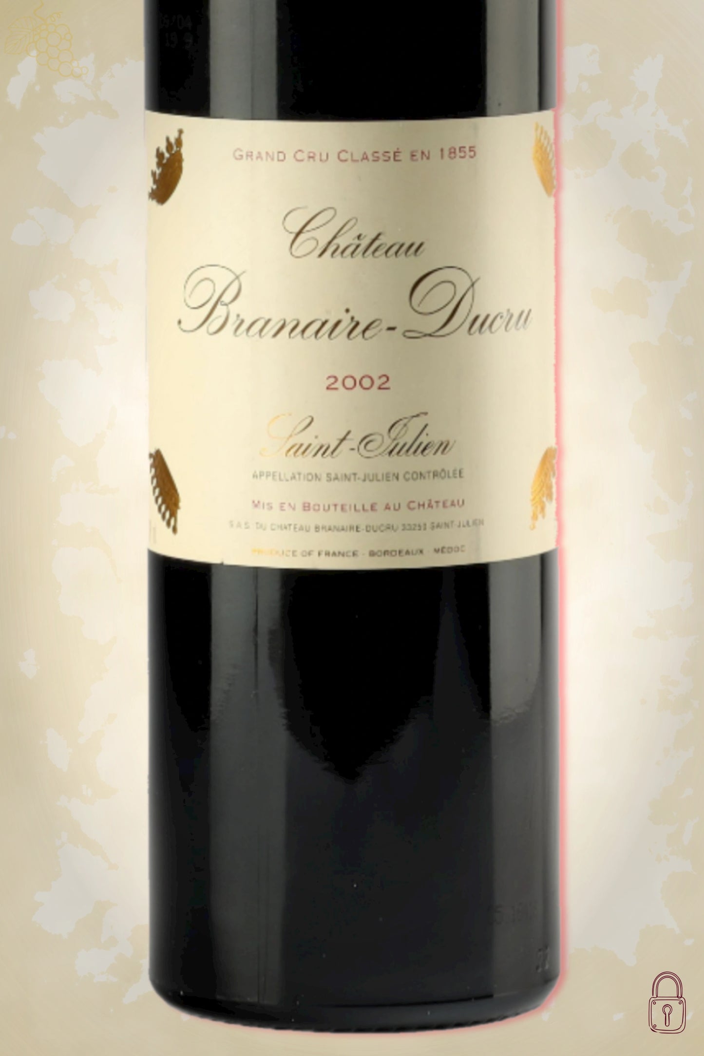 Close-up label Château Branaire-Ducru 2002 – cru classé details zichtbaar