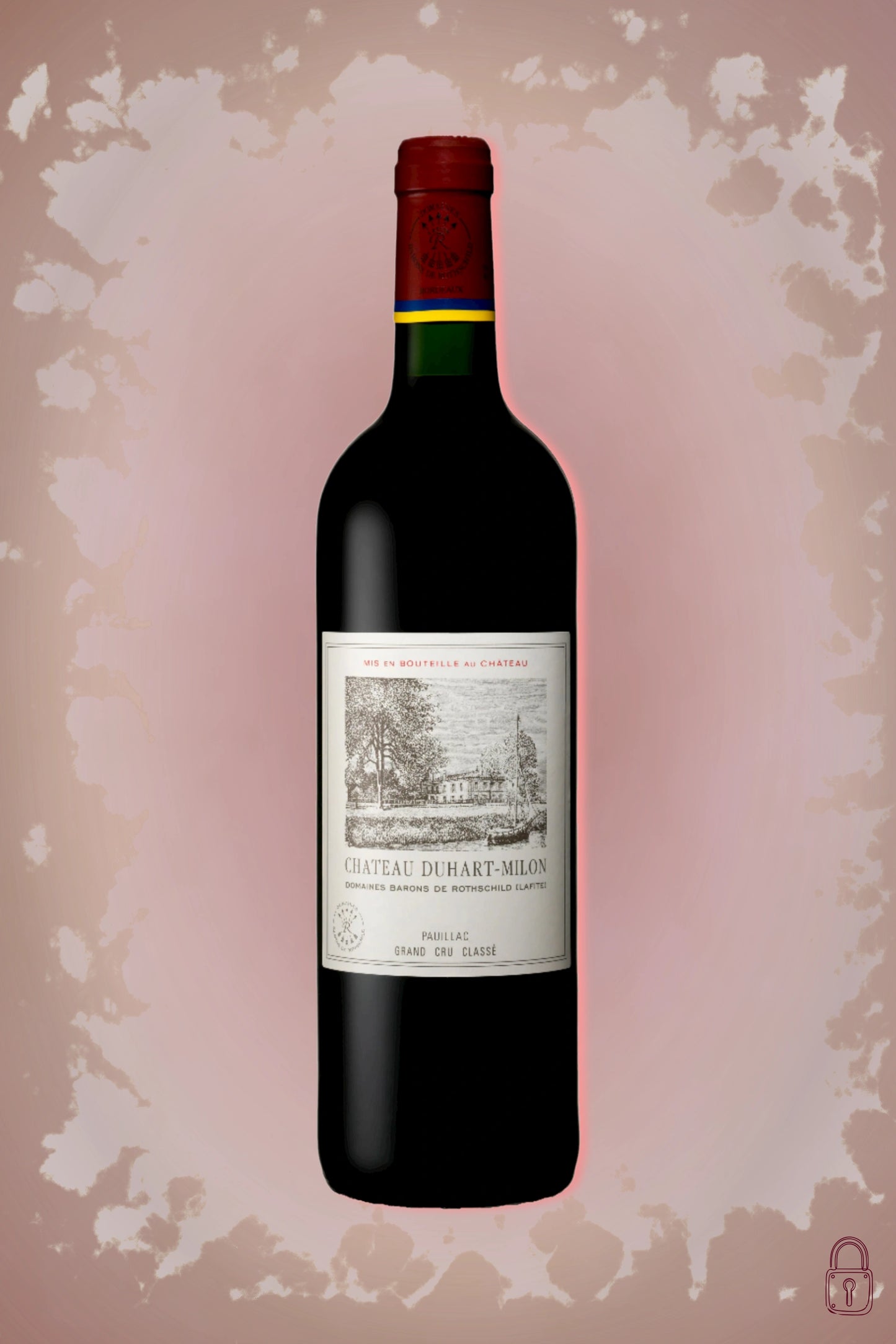 Château Duhart-Milon 1995 tegen bordeaux achtergrond – klassieke rode wijn