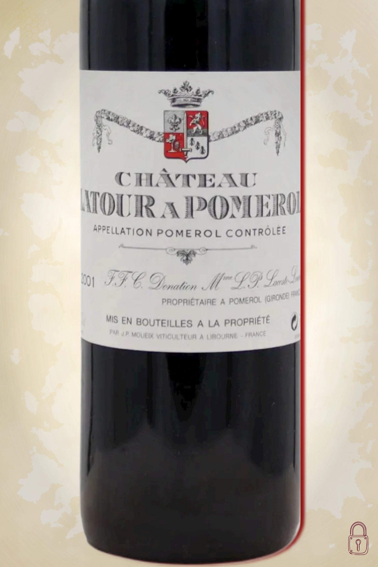 Close-up label Château Latour à Pomerol 2001 – château naam en vintage details