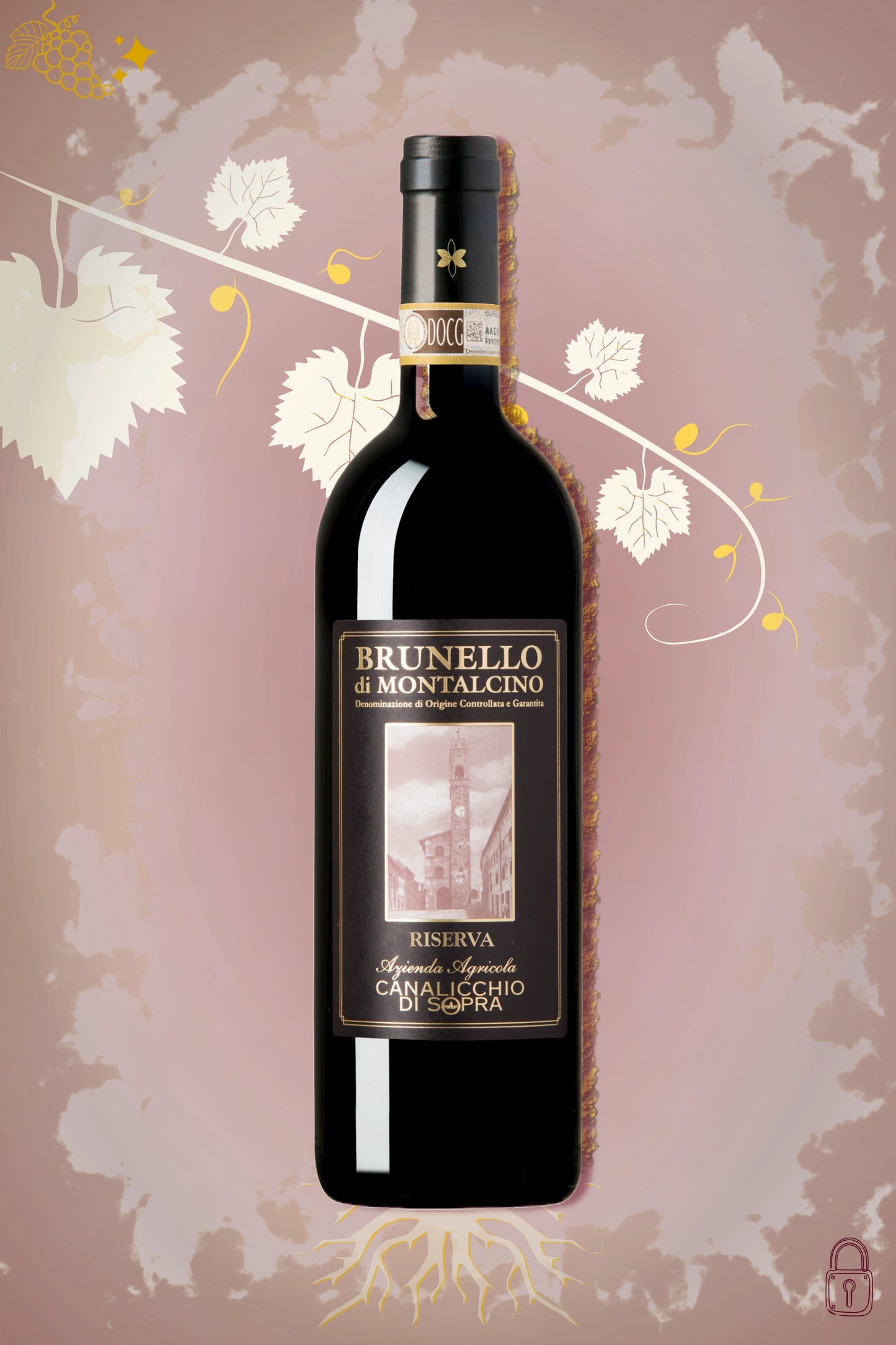Canalicchio di Sopra Brunello di Montalcino Riserva 2010 tegen bordeaux achtergrond