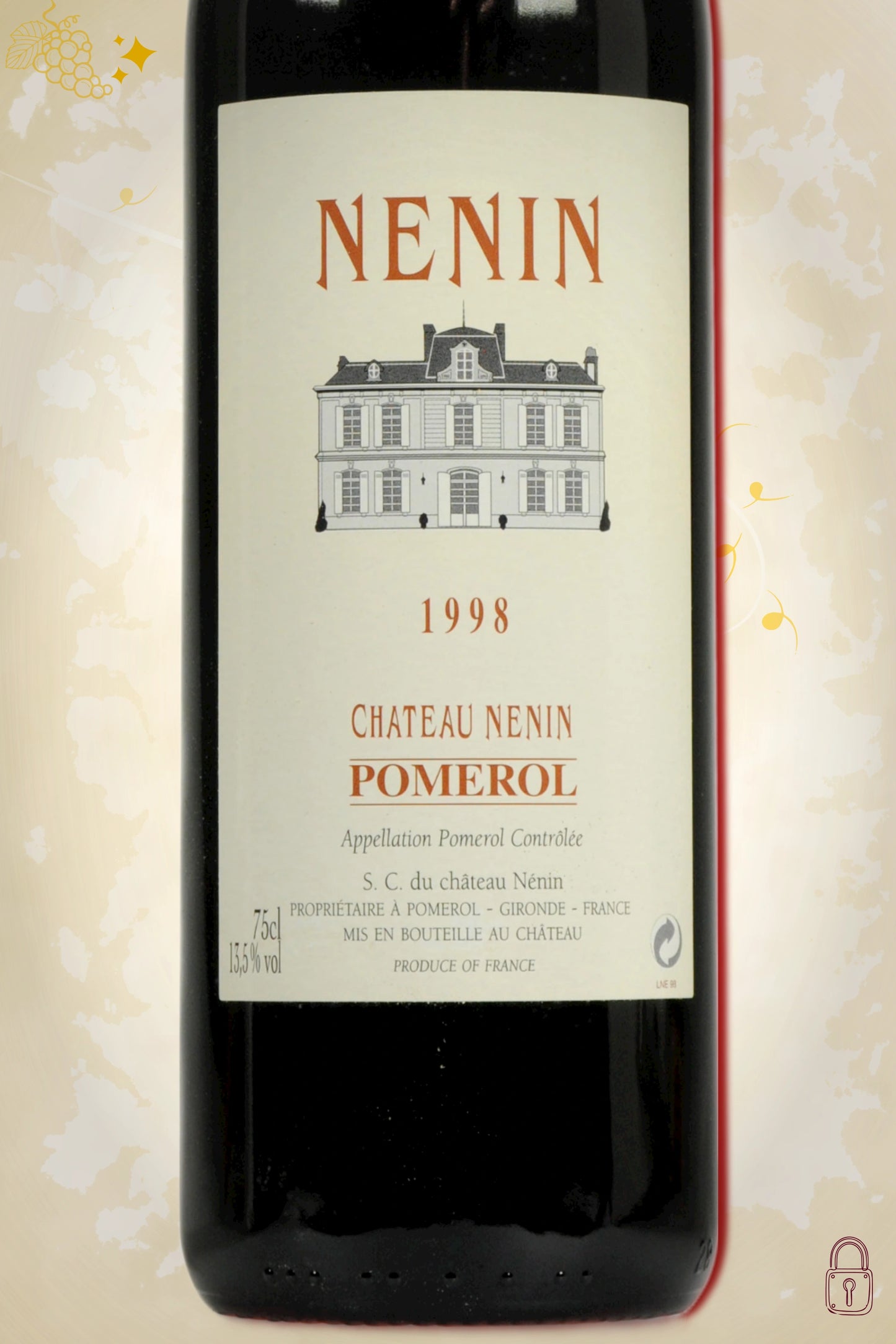 Close-up van het etiket van Château Nénin 1998 – Pomerol-appellatie en vintage