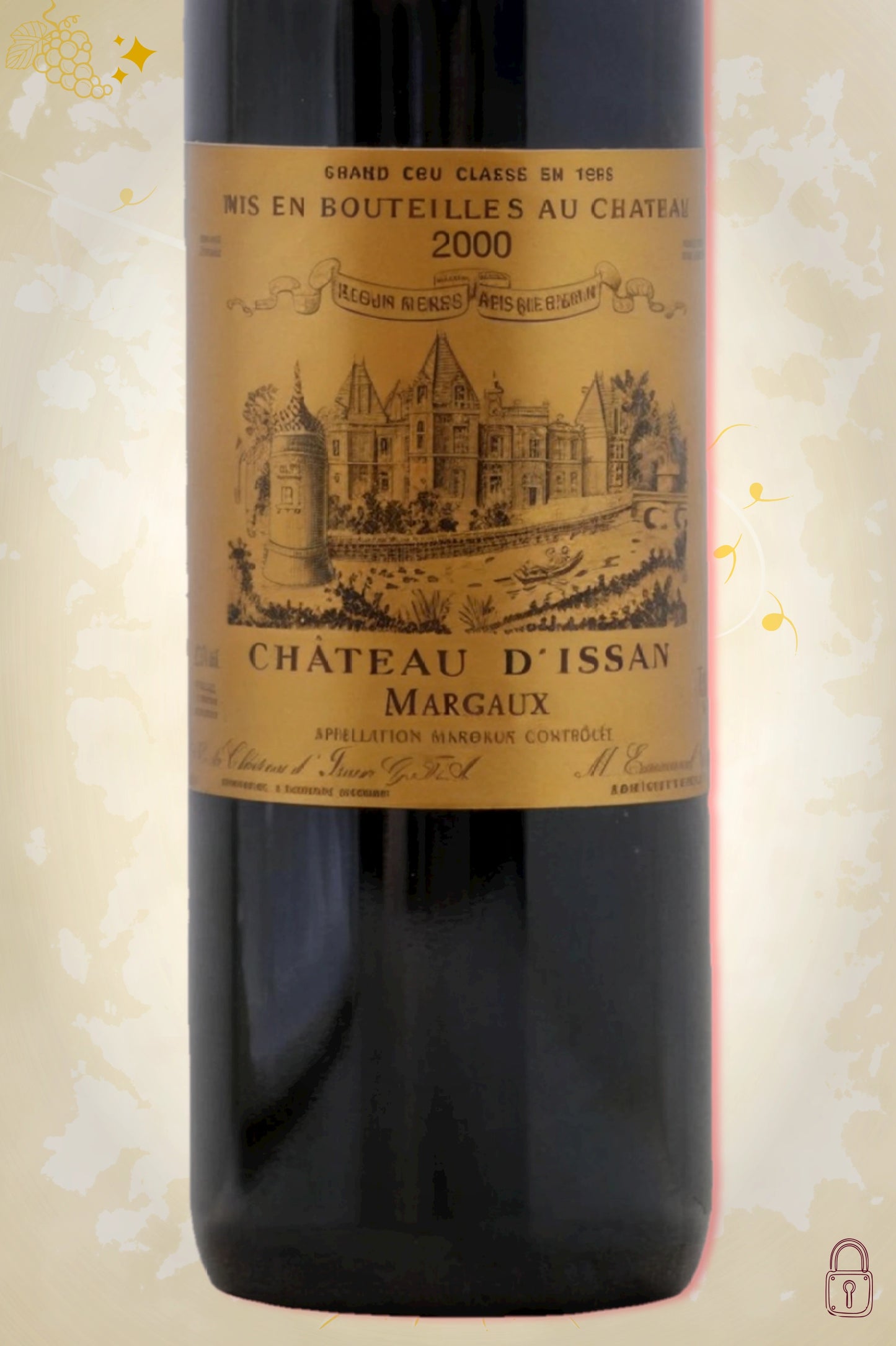 Close-up van het etiket van Château d’Issan 2000 – Margaux-classificatie en vintage