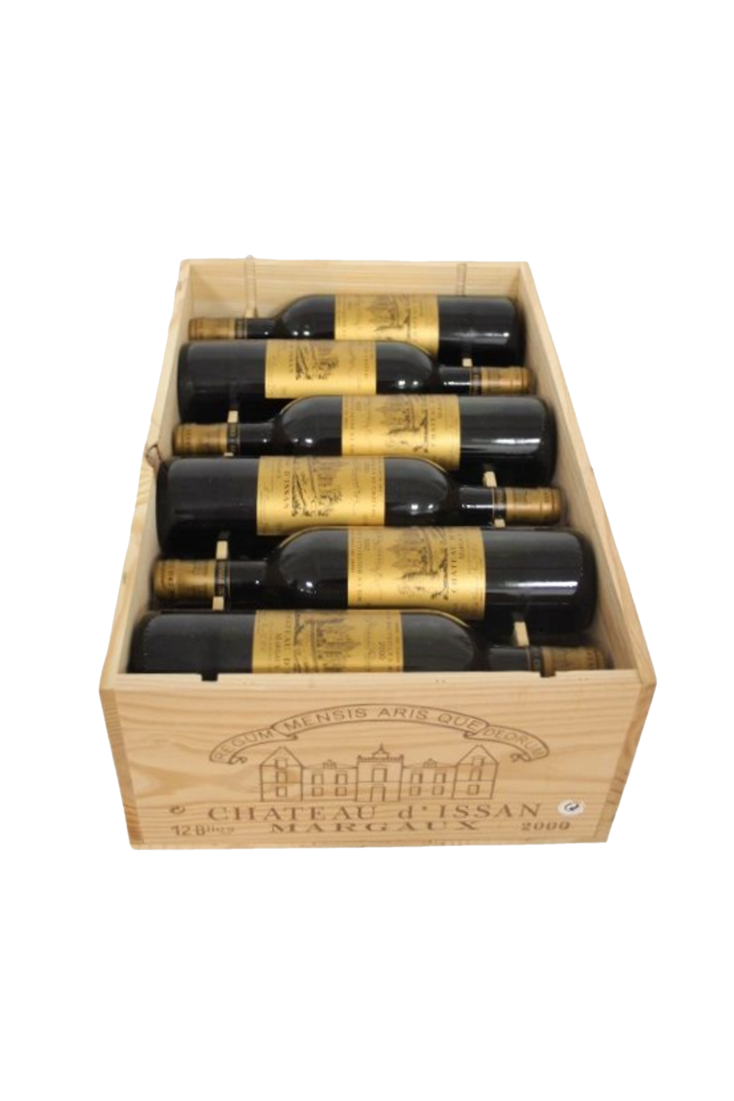 Château d’Issan 2000 tegen bordeaux achtergrond – premium rode wijn, OWC