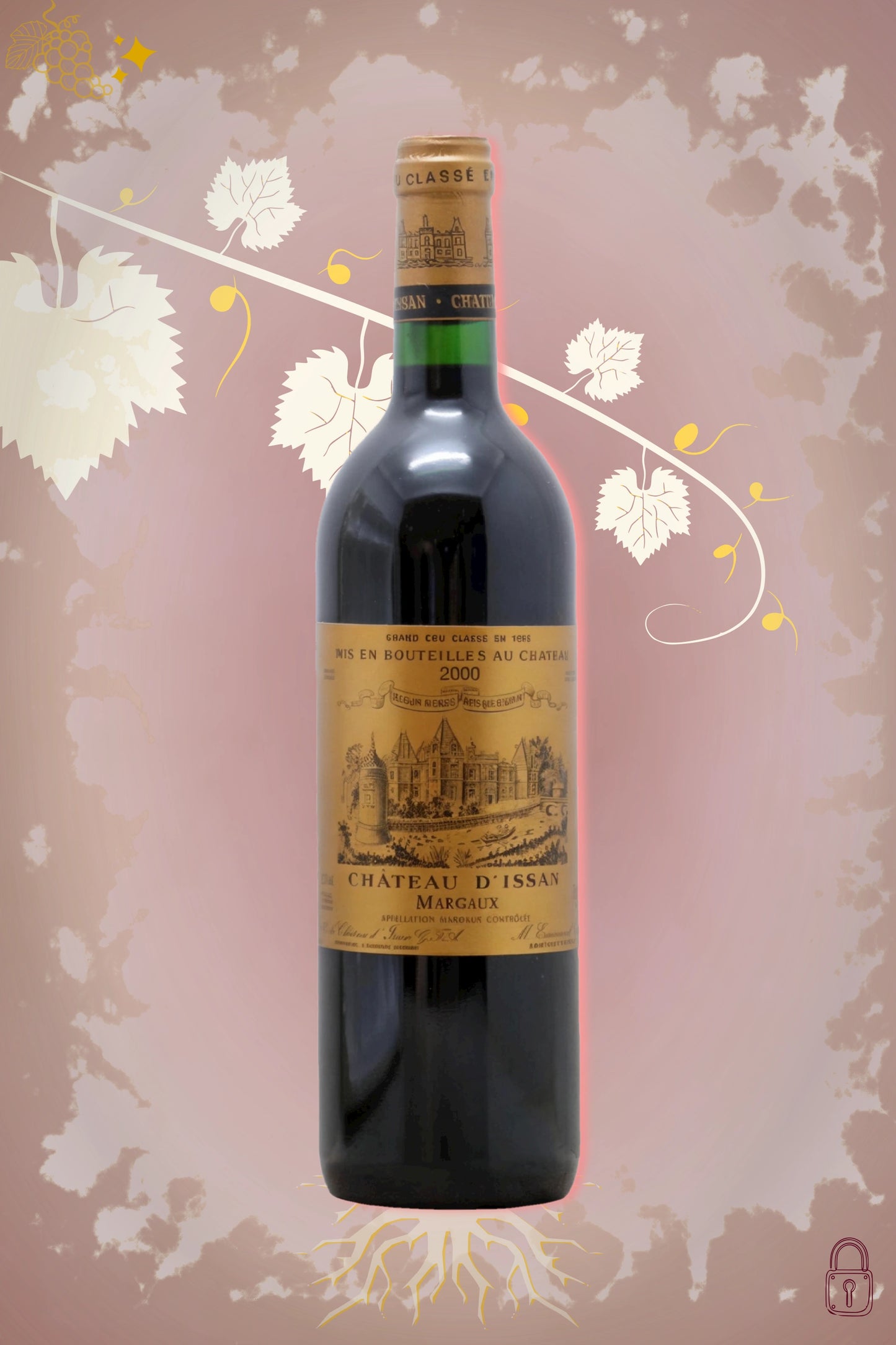 Château d’Issan 2000 tegen bordeaux achtergrond – premium rode wijn