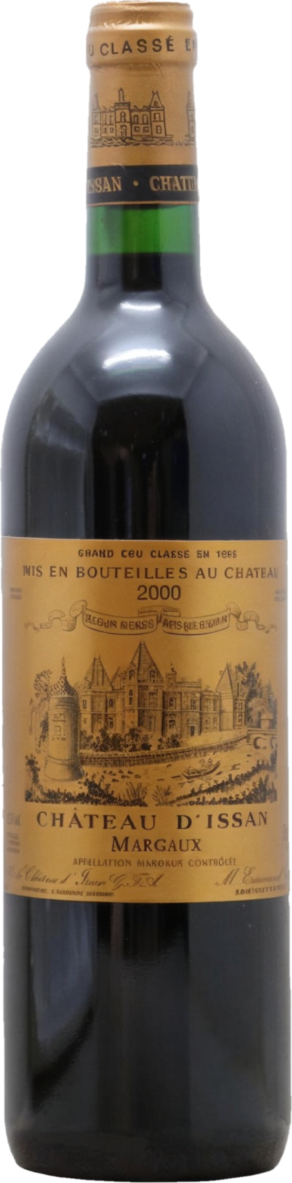 Château d’Issan 2000 tegen bordeaux achtergrond – premium rode wijn