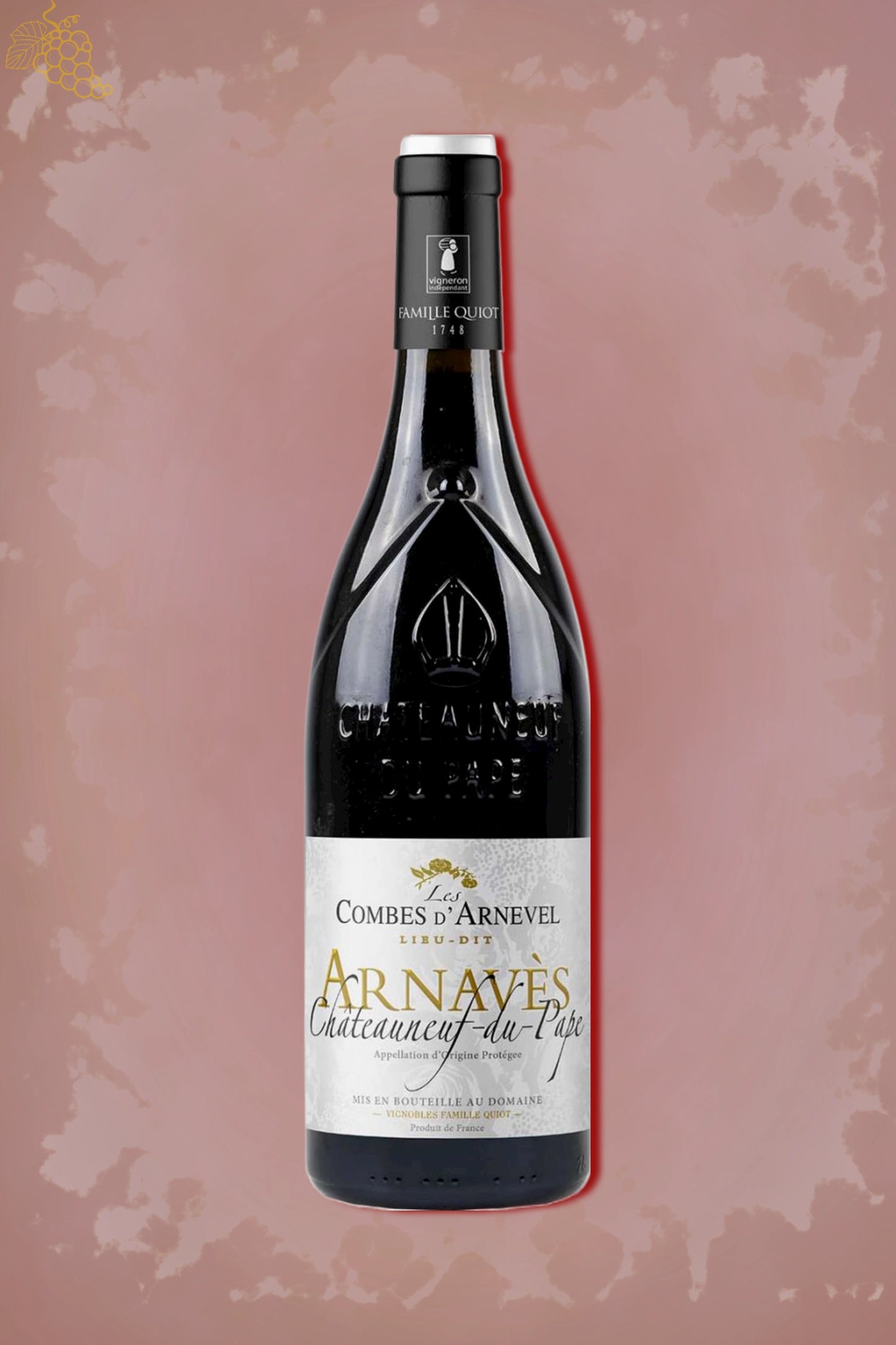 Fles Quiot Les Combes d'Arnevel Arnavès Châteauneuf-du-Pape 2023 tegen bordeauxrode achtergrond.