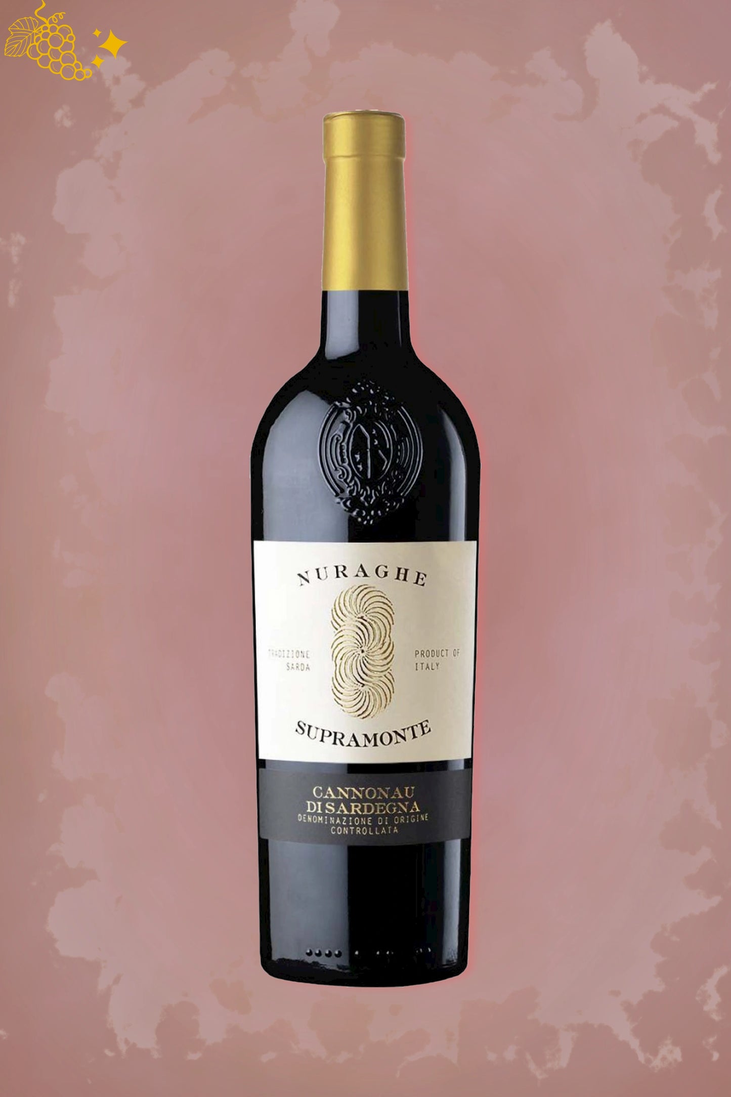 Pirovano Cannonau di Sardegna 2023 tegen bordeaux achtergrond – mediterrane rode wijn