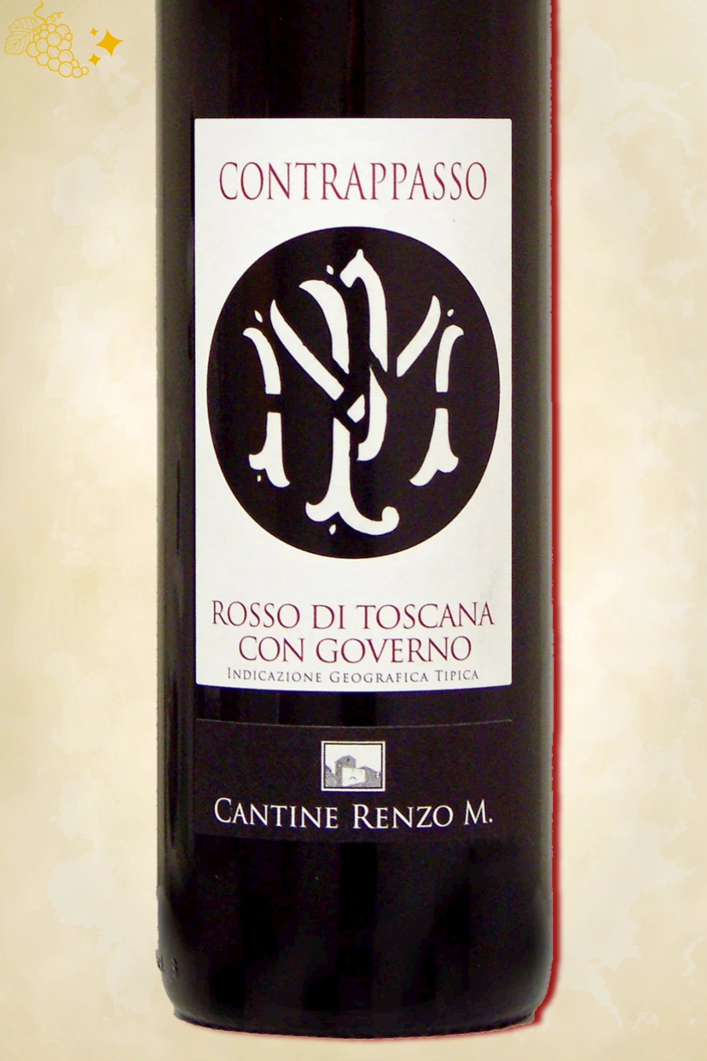 Close-up label Renzo Masi Contrappasso 2023 – logo en appellatie details