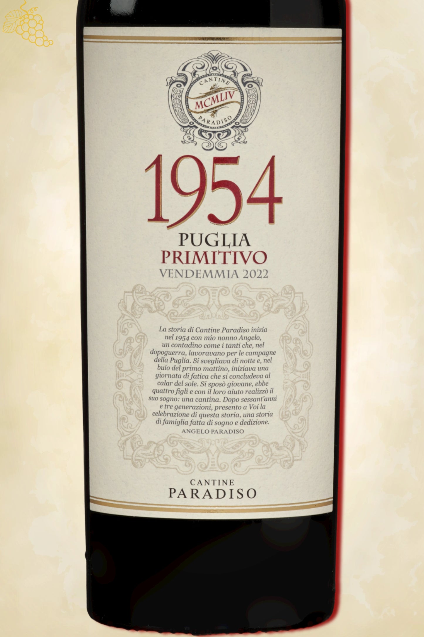 Close-up label Paradiso Primitivo 2022 – vintage en logo details