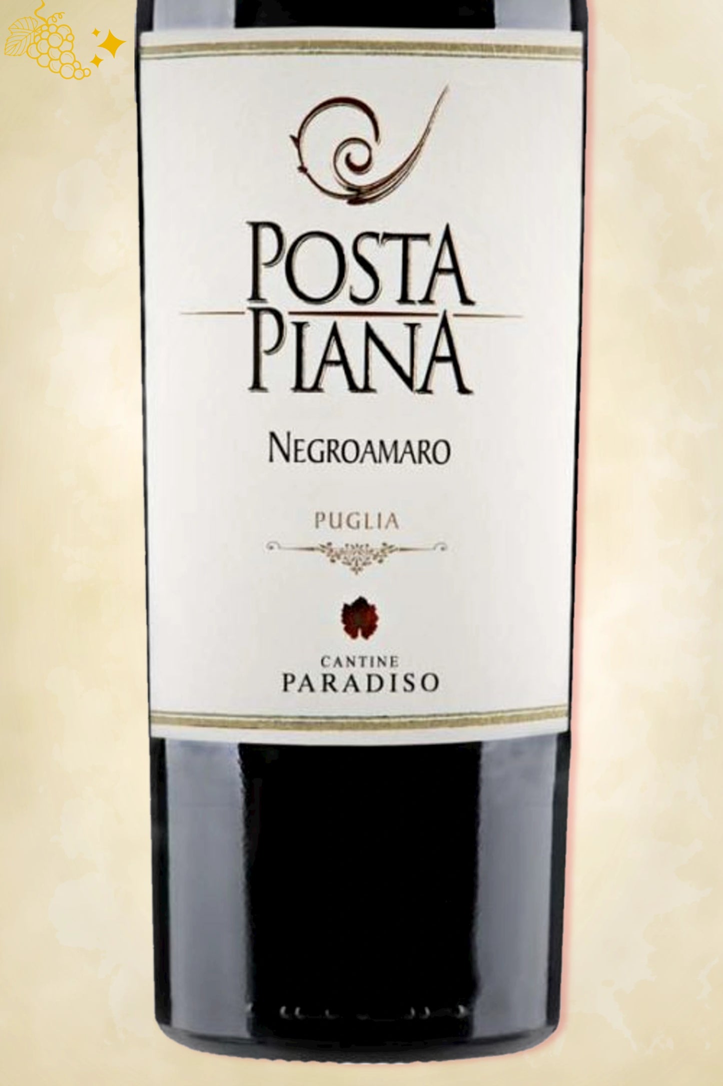 Close-up label Paradiso Posta Piana Negroamaro 2023 – logo en vintage details