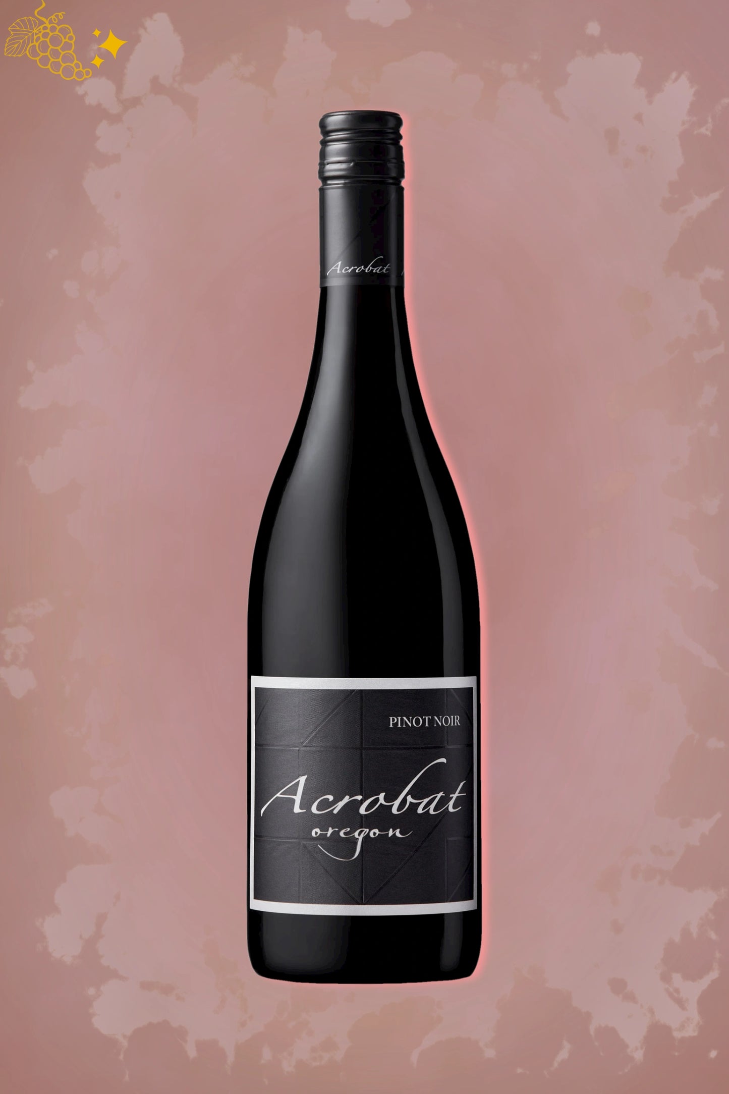 Acrobat Oregon Pinot Noir 2023 tegen bordeaux achtergrond – elegante rode wijn