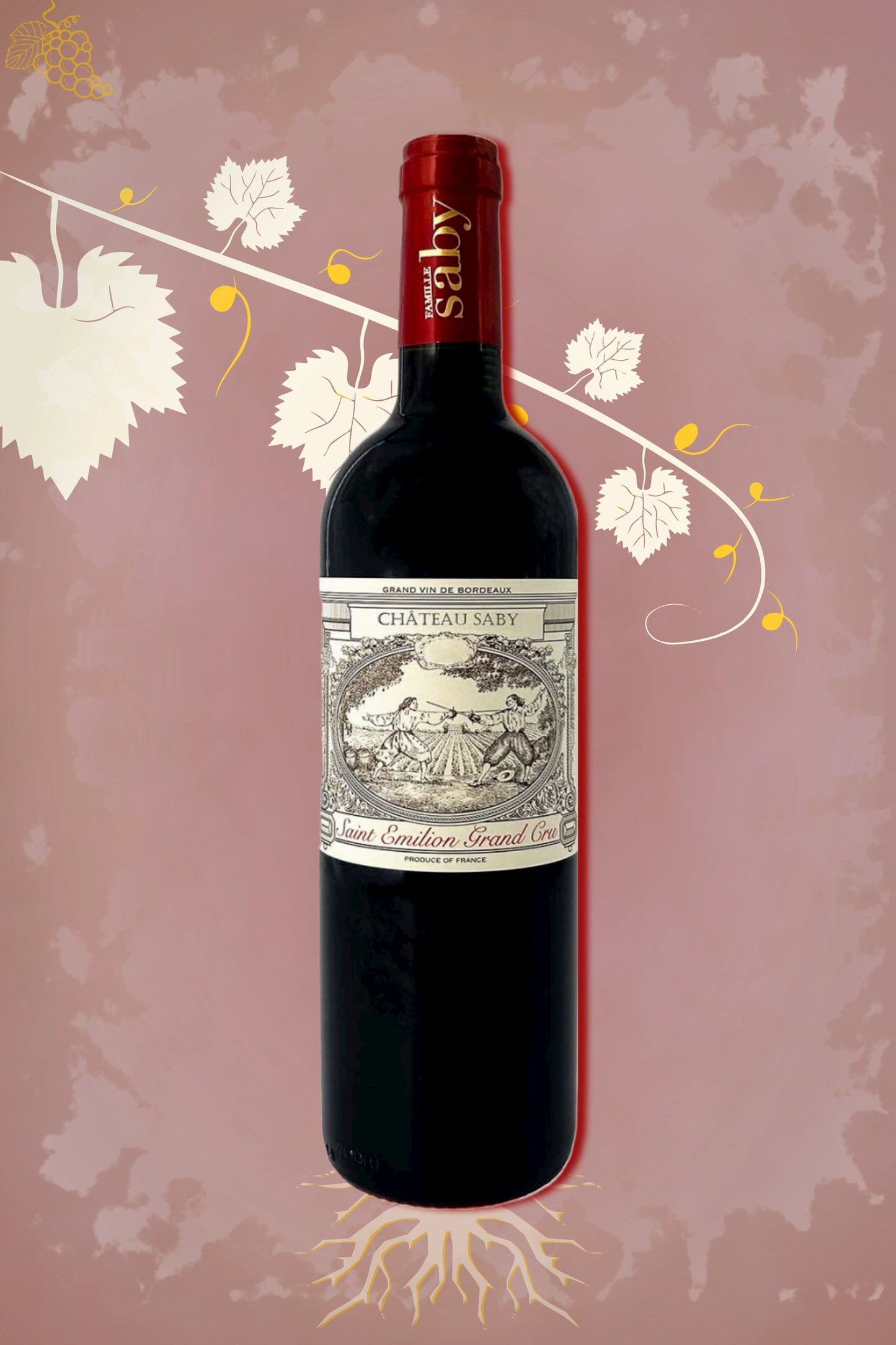 Château Saby Saint-Émilion 2022 tegen bordeaux achtergrond – klassieke rode wijn