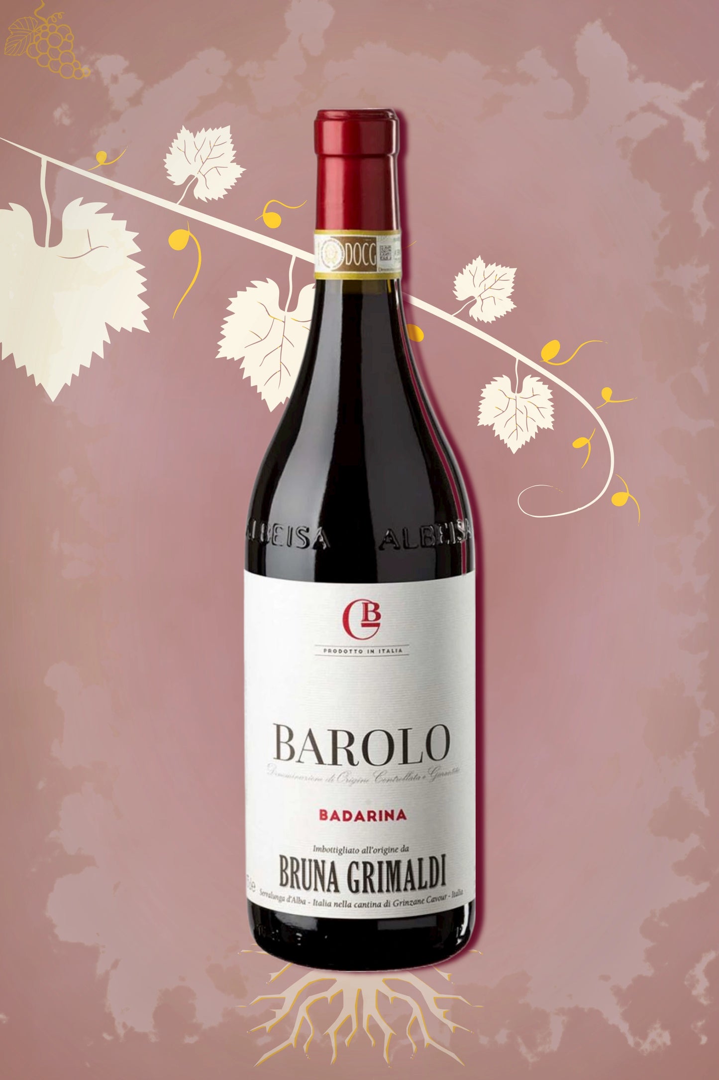 Bruna Grimaldi Barolo Badarina 2021 tegen bordeaux achtergrond – premium rode wijn