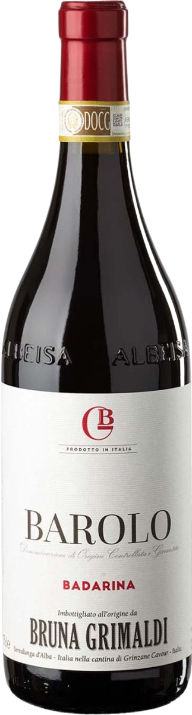 Bruna Grimaldi Barolo Badarina 2021 tegen bordeaux achtergrond – premium rode wijn