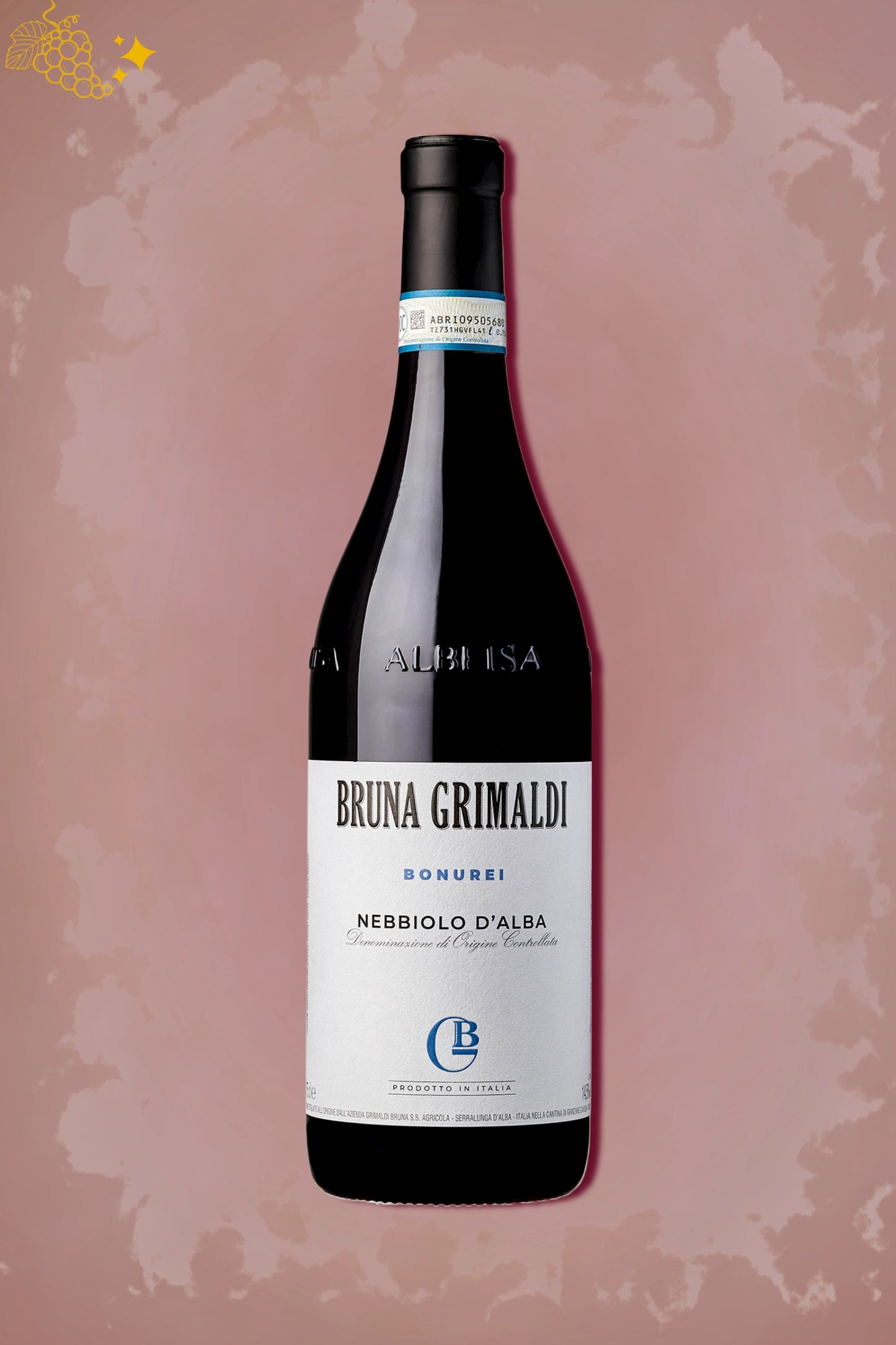 Bruna Grimaldi Nebbiolo d’Alba Bonurei 2023 tegen bordeaux achtergrond – elegante rode wijn