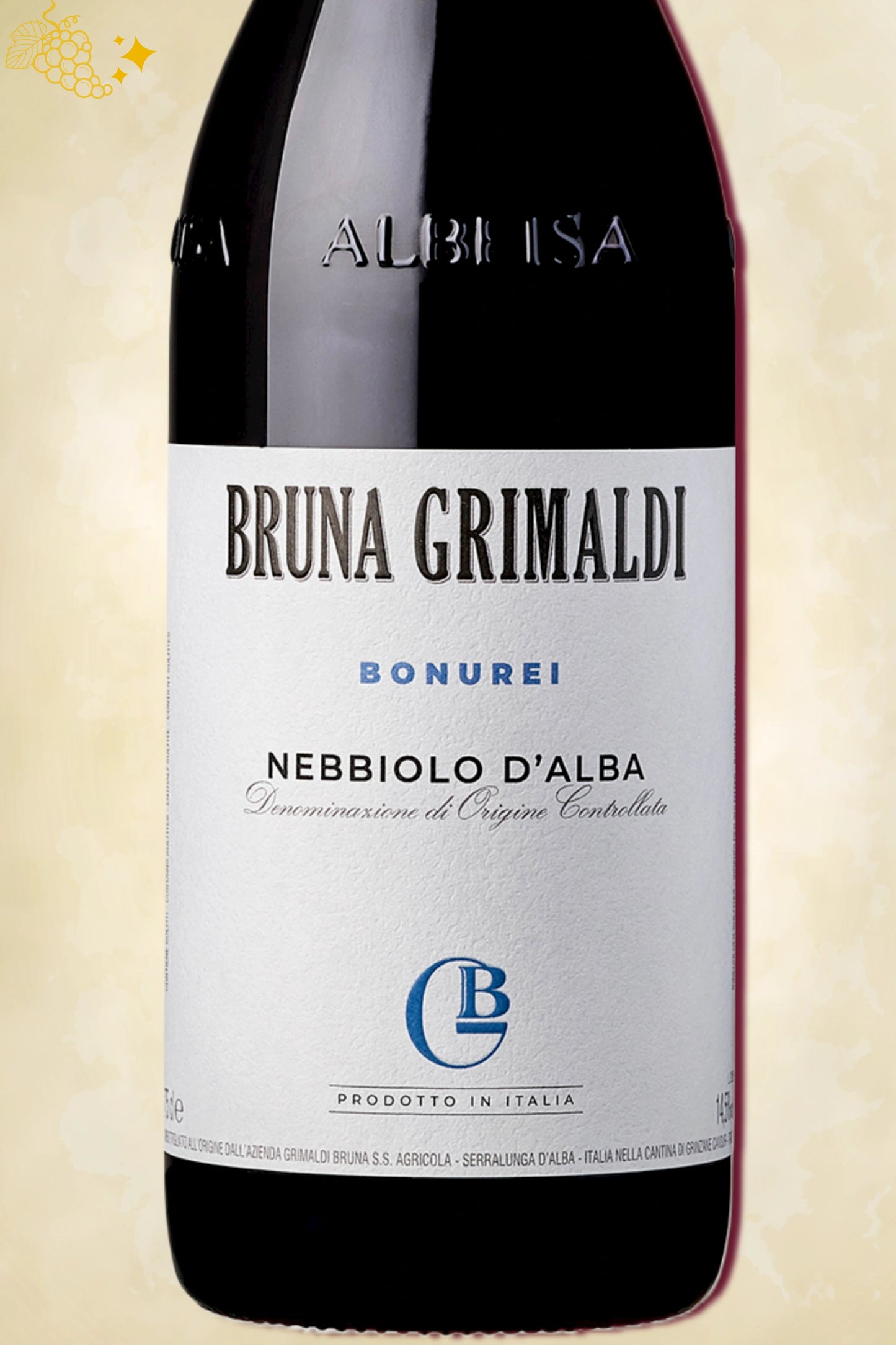 Close-up label Bruna Grimaldi Nebbiolo d’Alba Bonurei 2023 – logo en vintage details