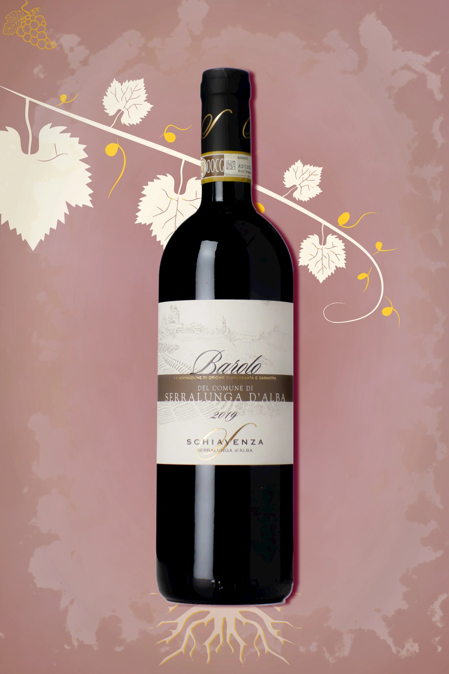 Schiavenza Barolo 2019 tegen bordeaux achtergrond – premium rode wijn uit Barolo