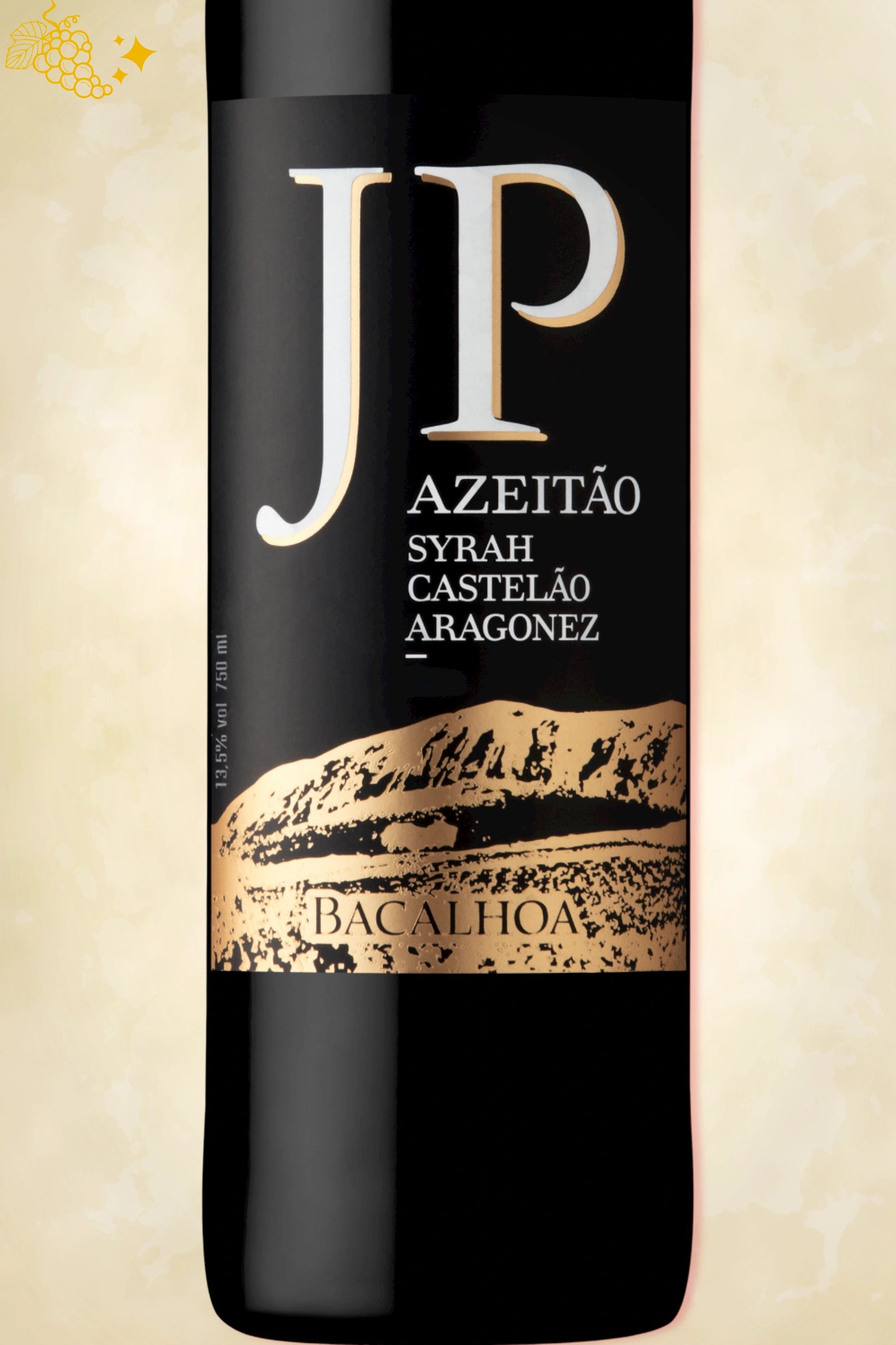 Close-up label Bacalhôa JP Azeitão Tinto 2024 – logo en vintage zichtbaar