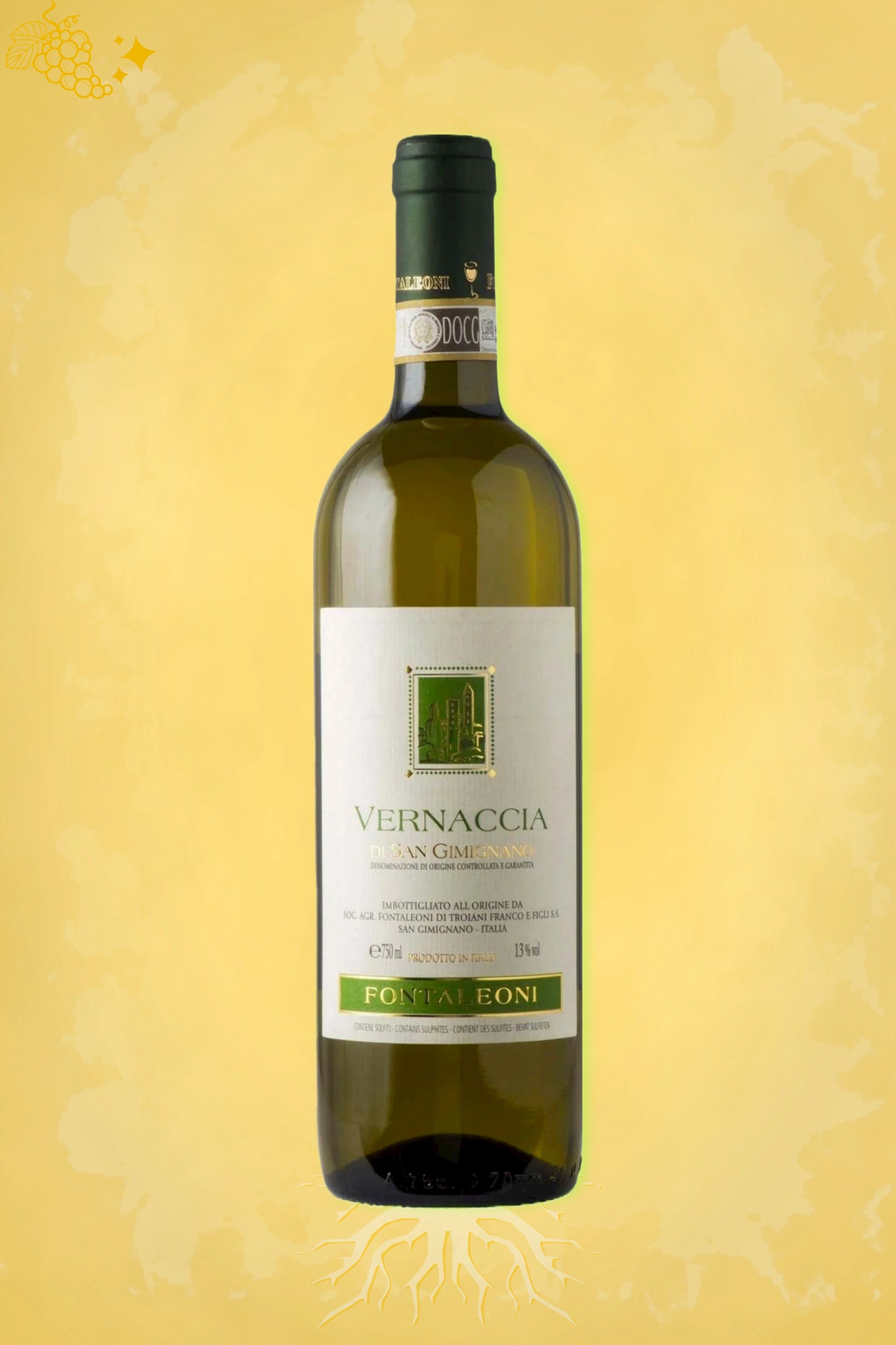Fontaleoni Vernaccia di San Gimignano 2024 tegen gouden achtergrond – elegante witte wijn