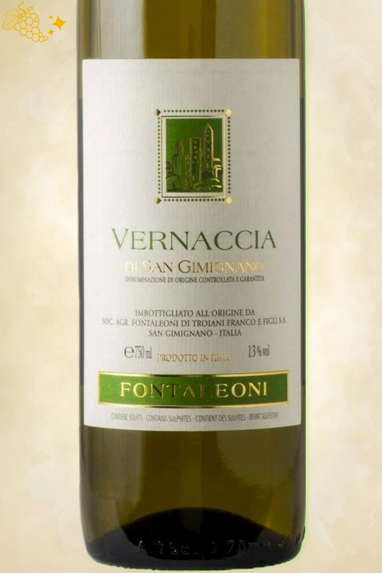 Close-up label Fontaleoni Vernaccia di San Gimignano 2024 – appellatie en vintage zichtbaar