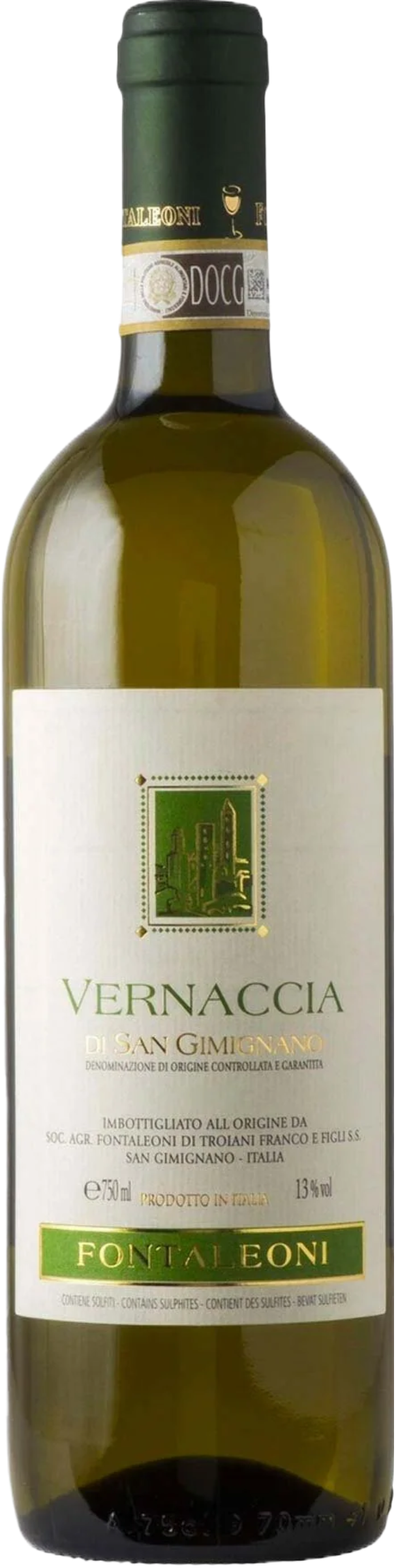 Fontaleoni Vernaccia di San Gimignano 2024 tegen gouden achtergrond – elegante witte wijn