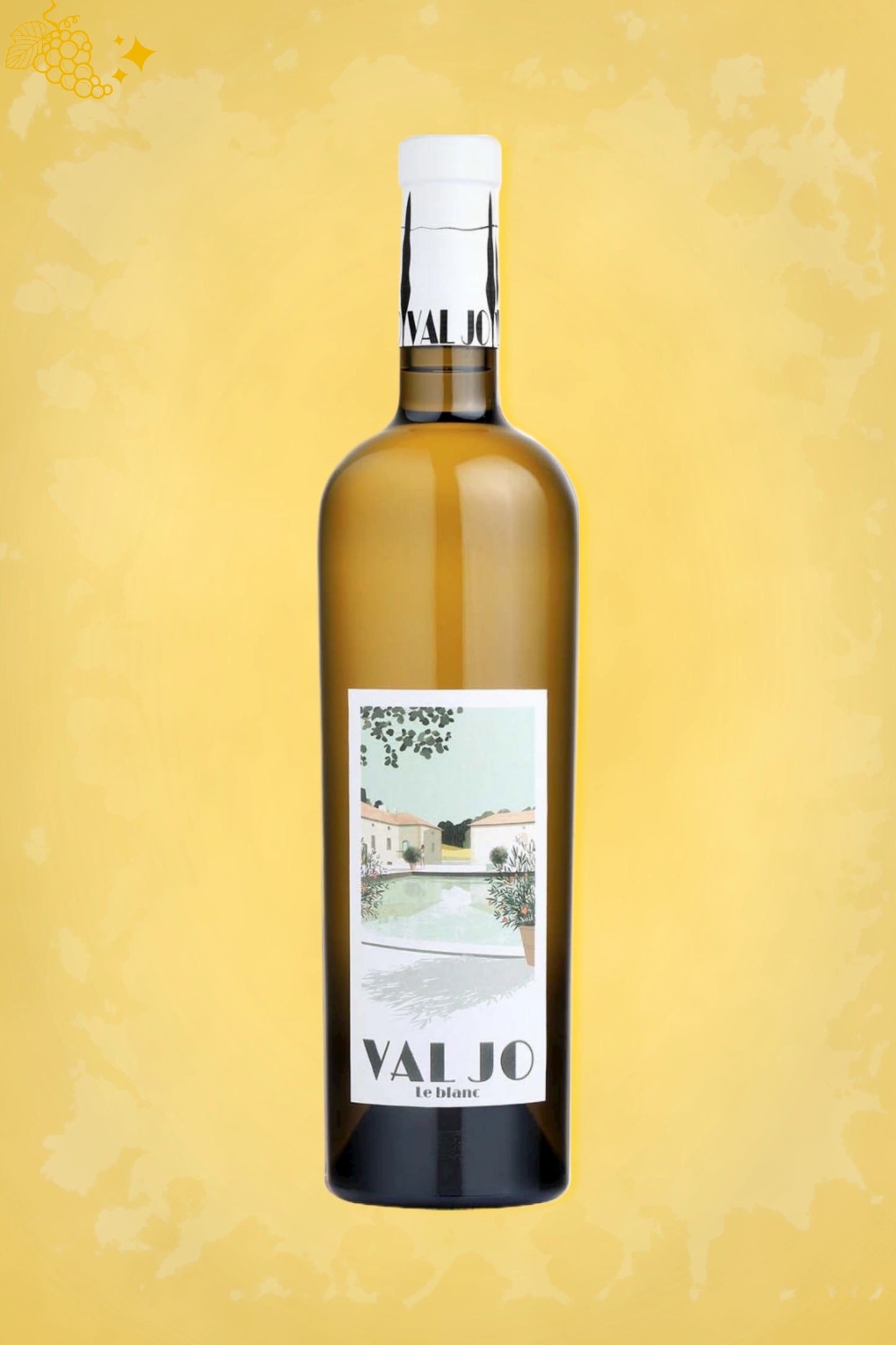 Val Jo Le Blanc 2024 tegen gouden achtergrond – elegante witte wijn