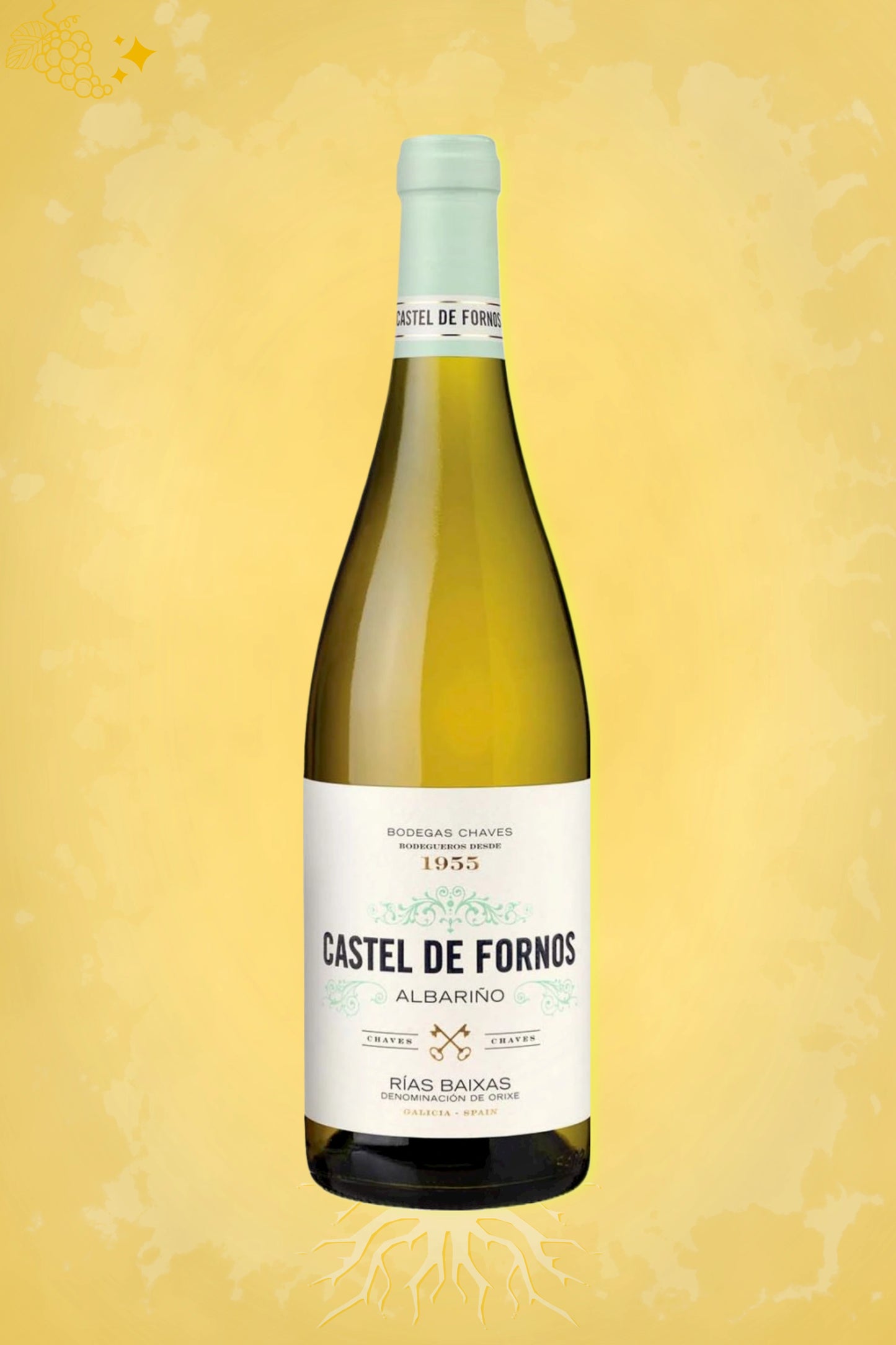 Chaves Albariño Castel de Fornos 2024 tegen gouden achtergrond – frisse witte wijn