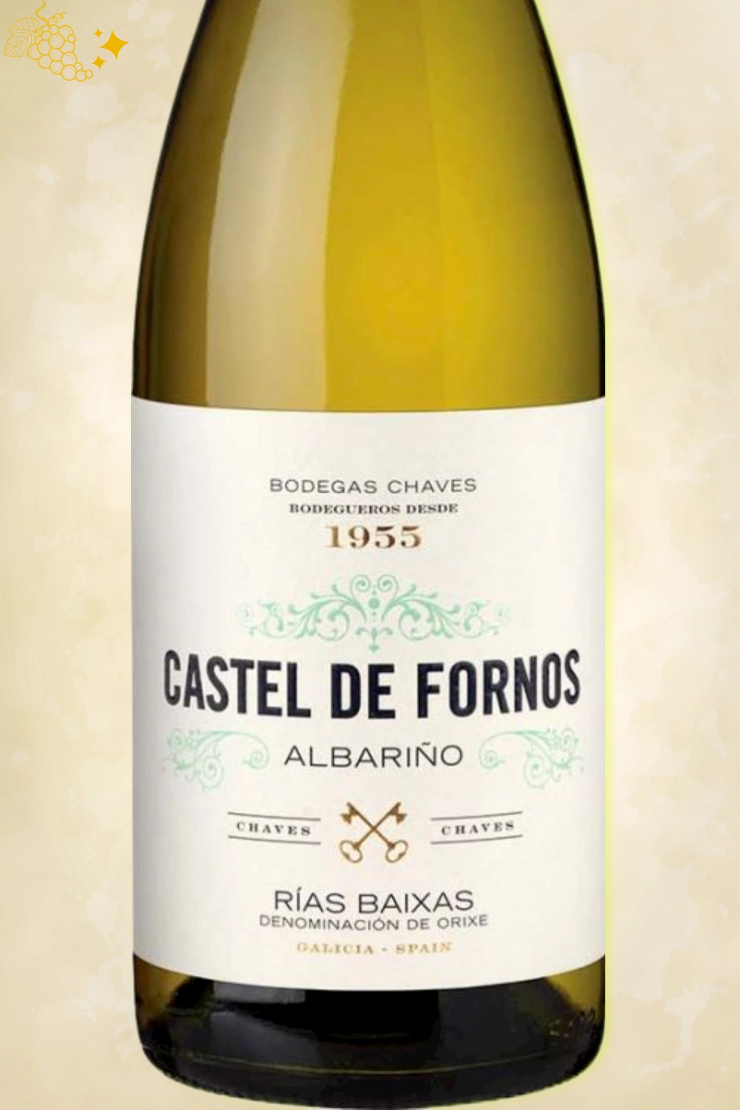 Close-up label Chaves Albariño Castel de Fornos 2024 – logo en vintage details