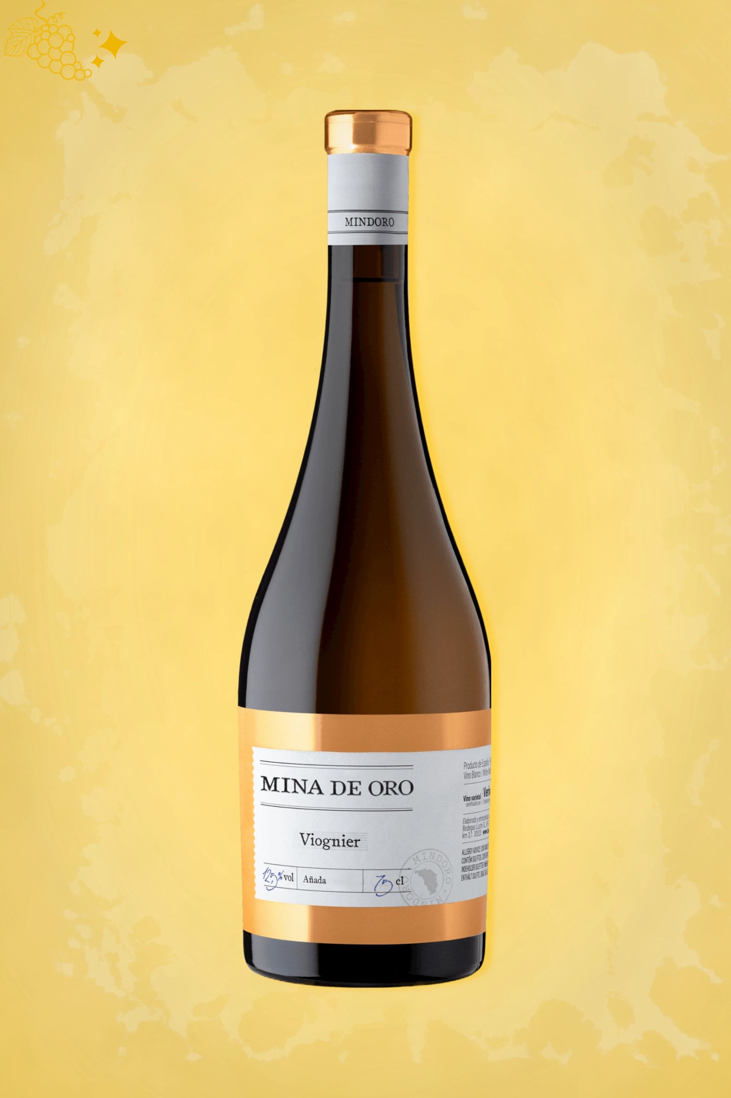 Luzón Mina de Oro Viognier 2024 tegen gouden achtergrond – premium witte wijn