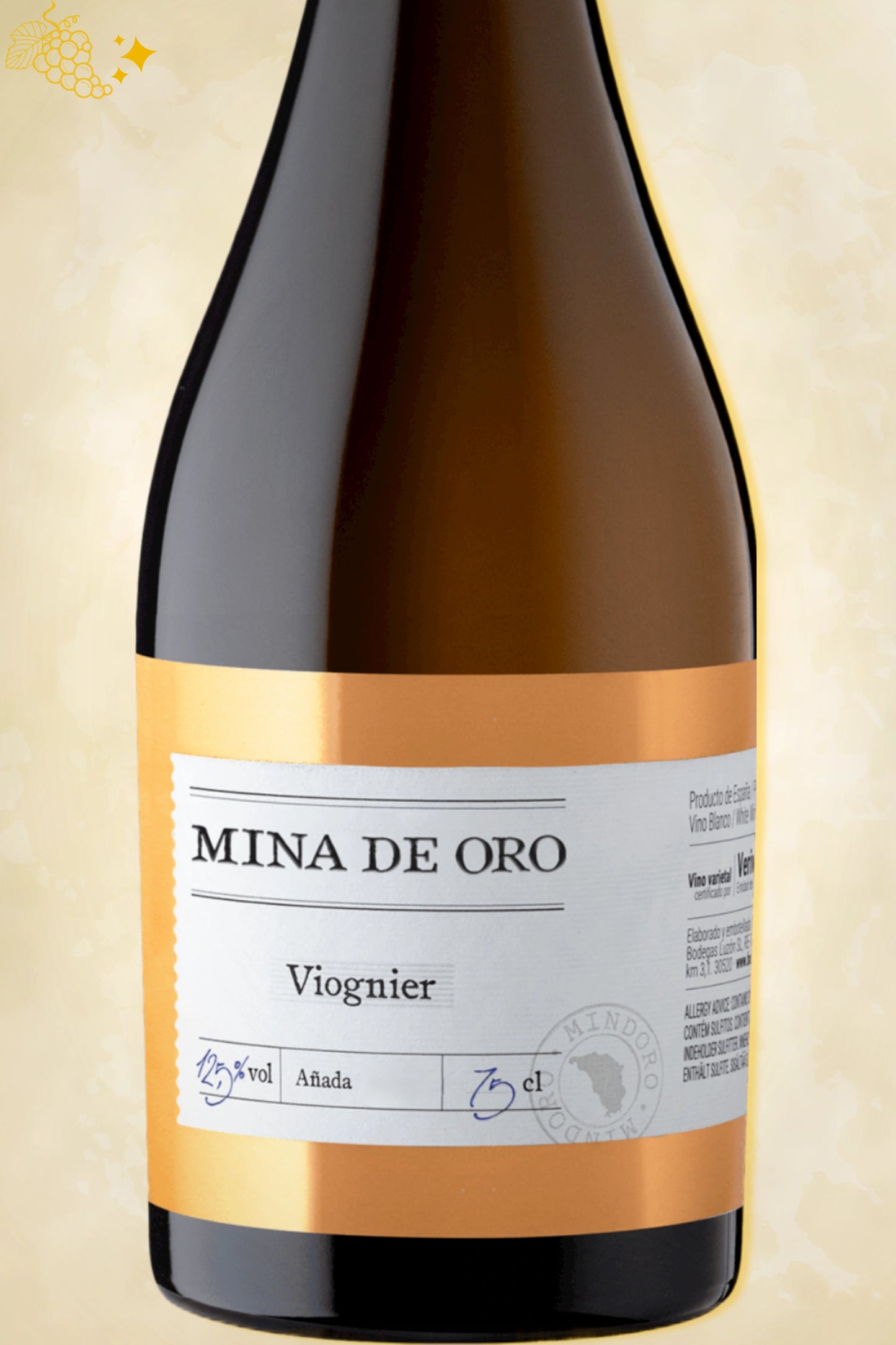 Close-up label Luzón Mina de Oro Viognier 2024 – logo en vintage zichtbaar