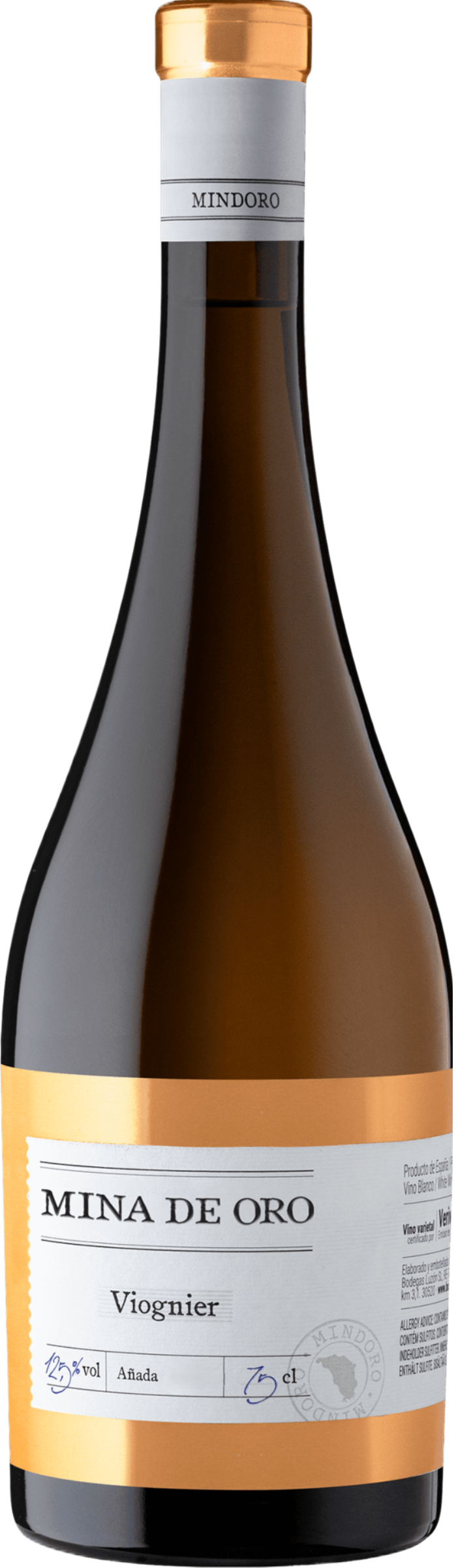 Luzón Mina de Oro Viognier 2024 tegen gouden achtergrond – premium witte wijn