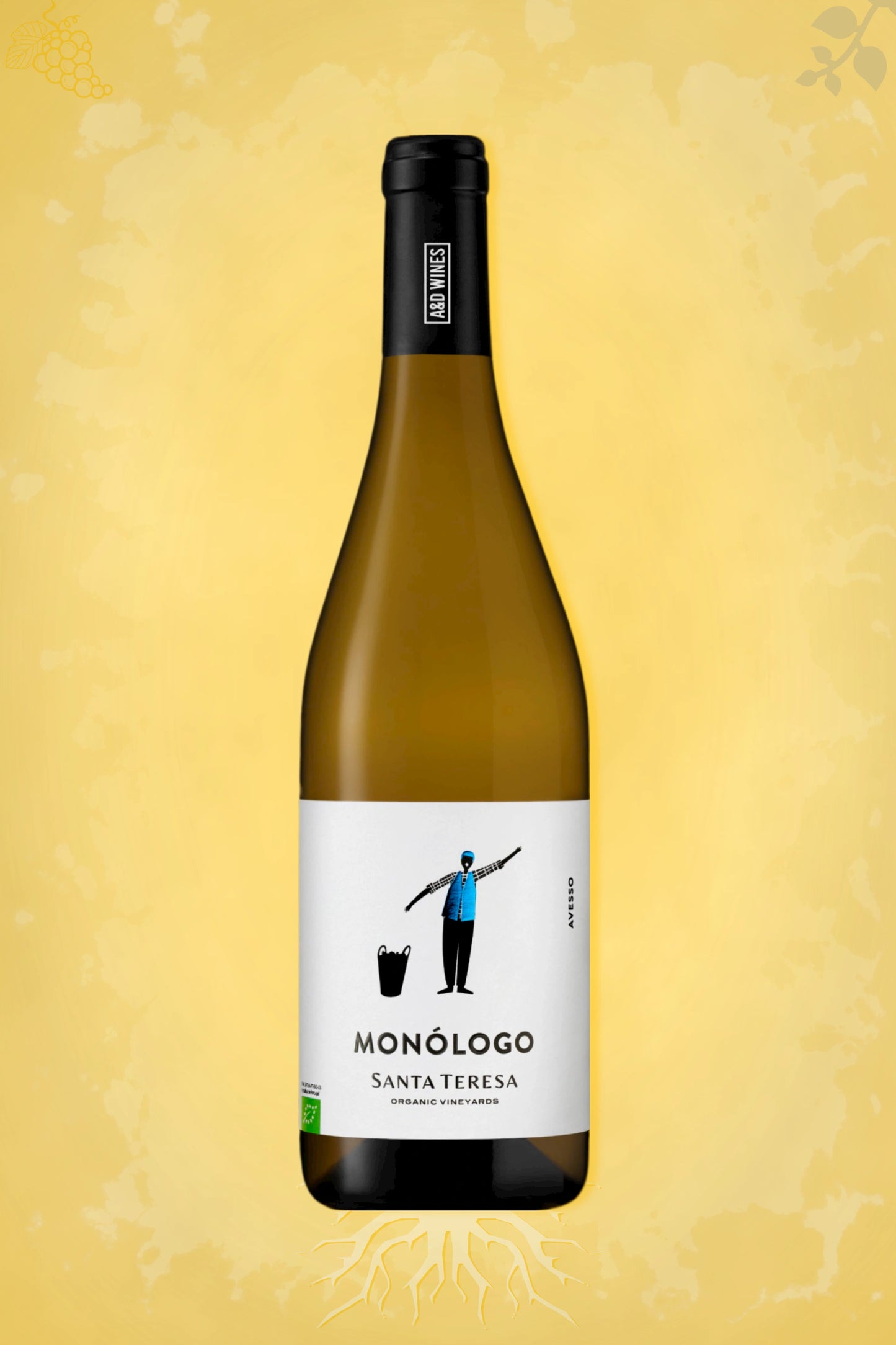 A&D Monólogo Avesso BIO 2024 tegen gouden achtergrond – premium witte wijn