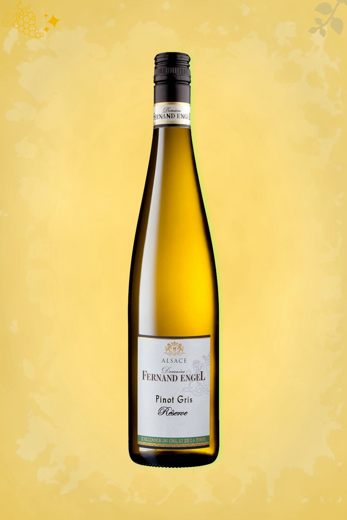 Fernand Engel Pinot Gris Réerve BIO 2023 tegen gouden achtergrond – premium witte wijn