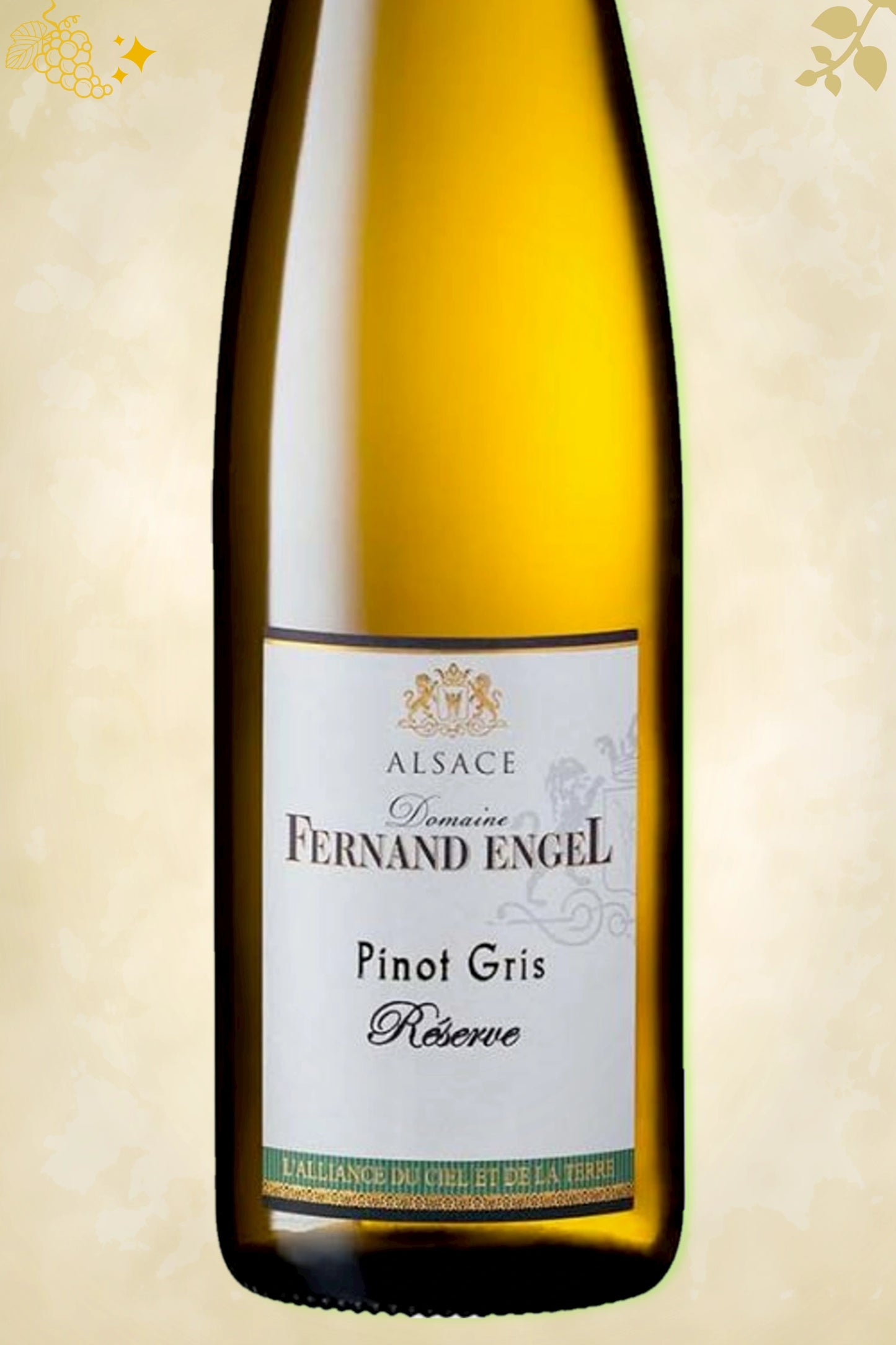 Close-up label Engel Pinot Gris Réserve BIO 2023 – Elzas details zichtbaar