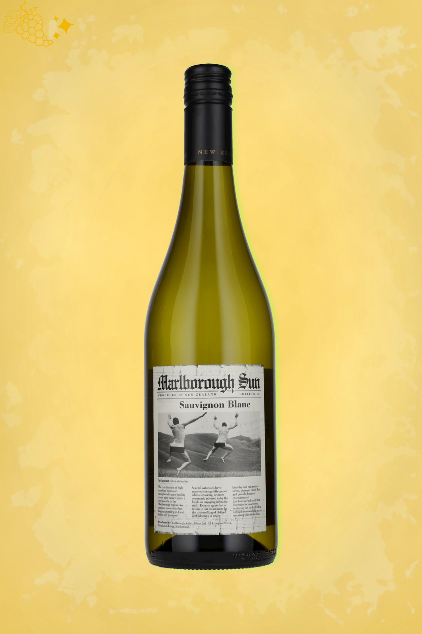 Marlborough Sun Sauvignon Blanc 2025 tegen gouden achtergrond – frisse witte wijn
