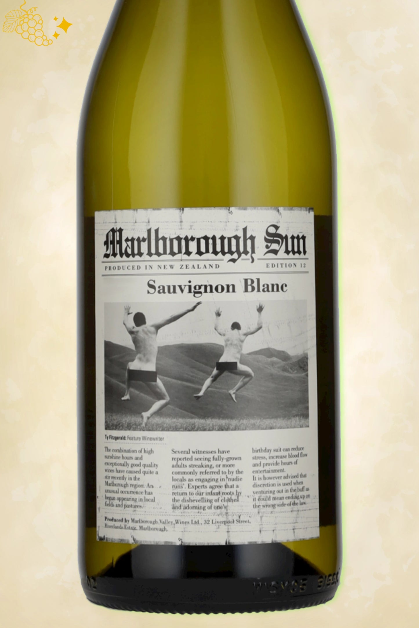 Close-up label Marlborough Sun Sauvignon Blanc 2025 – druif en herkomst zichtbaar
