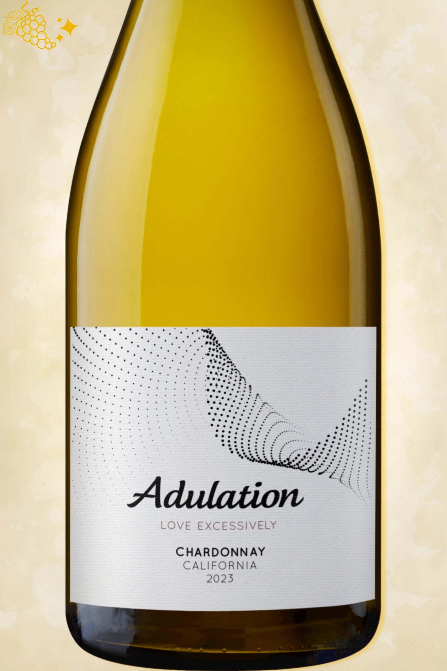 Close-up label Adulation California Chardonnay 2023 – herkomst en druif