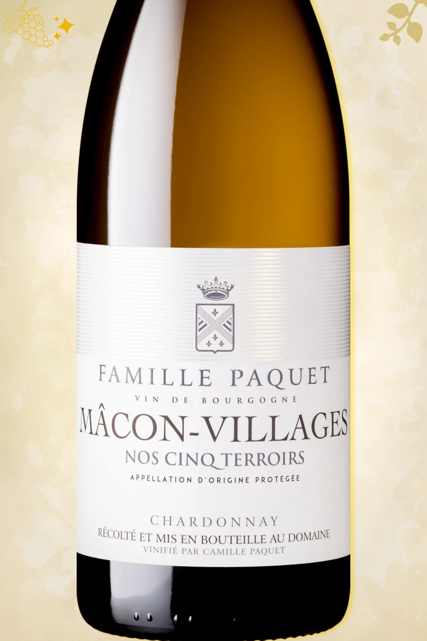 Close-up etiket Mâcon Villages BIO Nos Cinq Terroirs – appellatie en jaartal