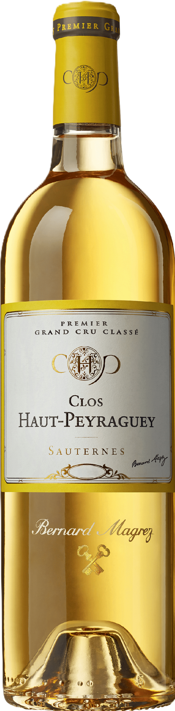 Château Clos Haut Peyraguey 2017 tegen gouden achtergrond – luxe zoete wijn