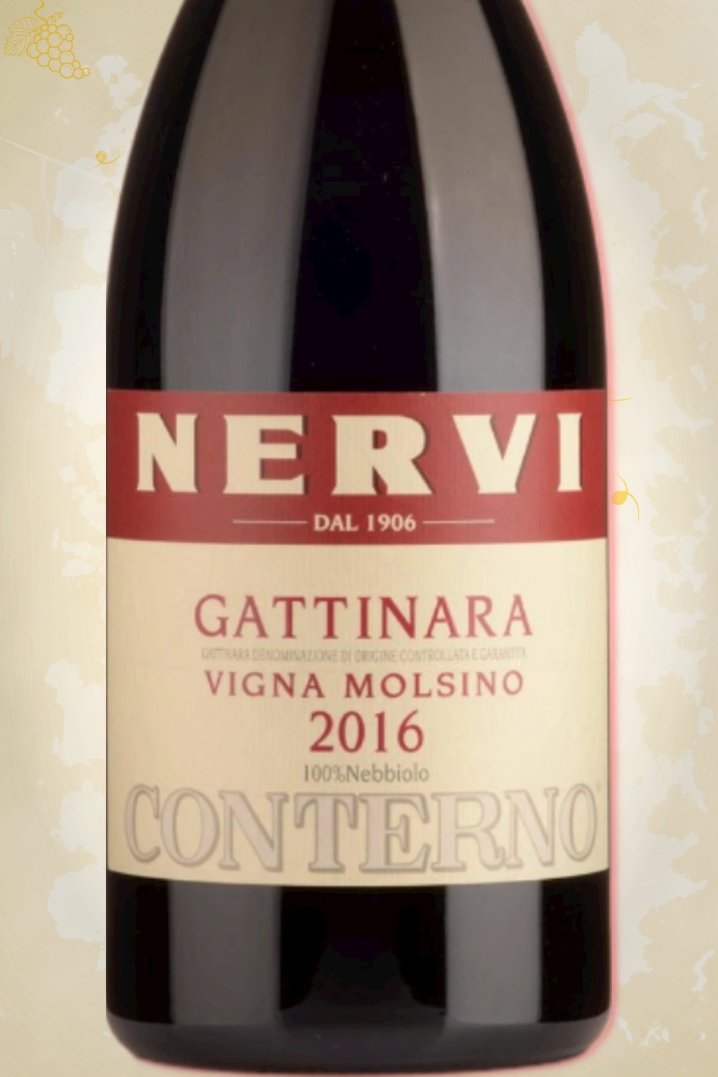 Close-up label Gattinara Vigna Molsino 2016 – Nervi-Conterno details zichtbaar