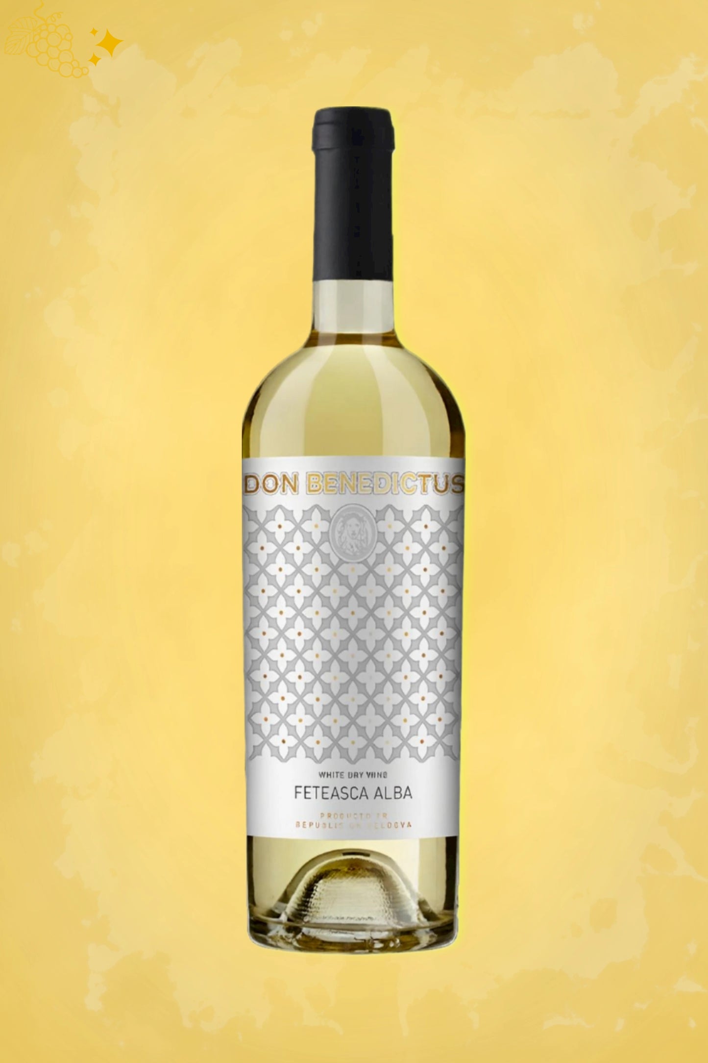 Fles Don Benedictus Feteasca Albă 2024 uit Moldavië tegen goudkleurige achtergrond.