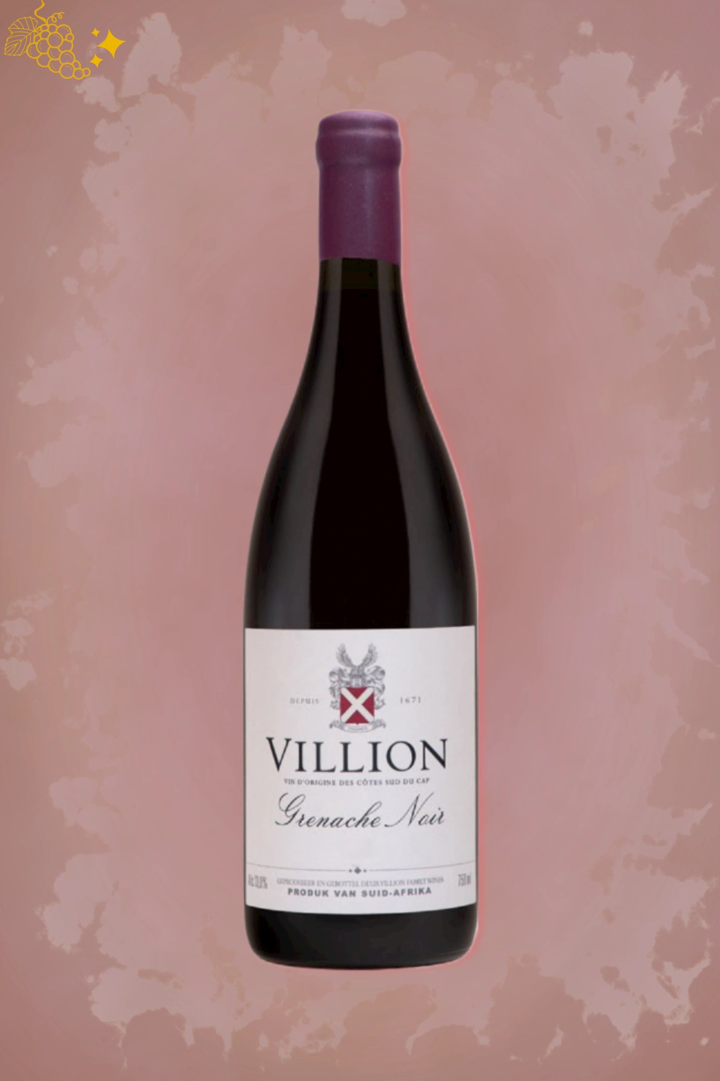 Fles Villion Wines Grenache Noir 2022, houtgerijpte rode wijn, tegen bordeauxrode achtergrond.
