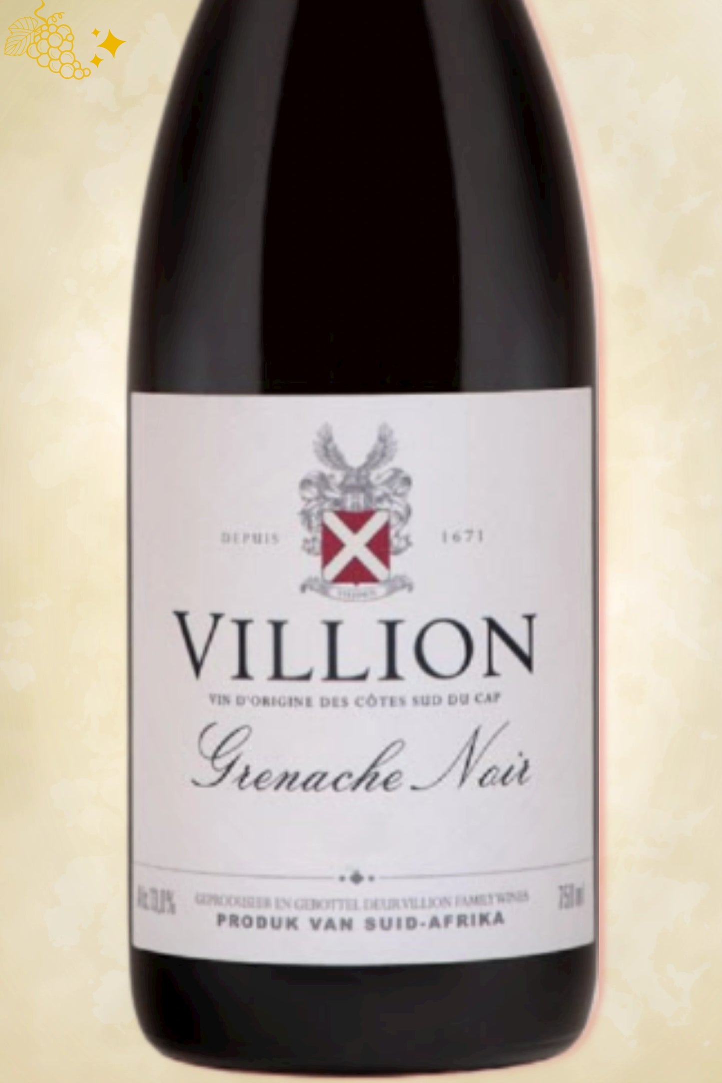Close-up label Villion Grenache Noir 2022 – logo en vintage details zichtbaar
