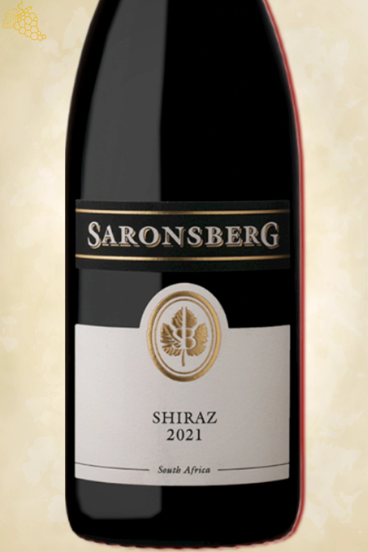 Close-up label Saronsberg Shiraz 2021 – logo en vintage details zichtbaar