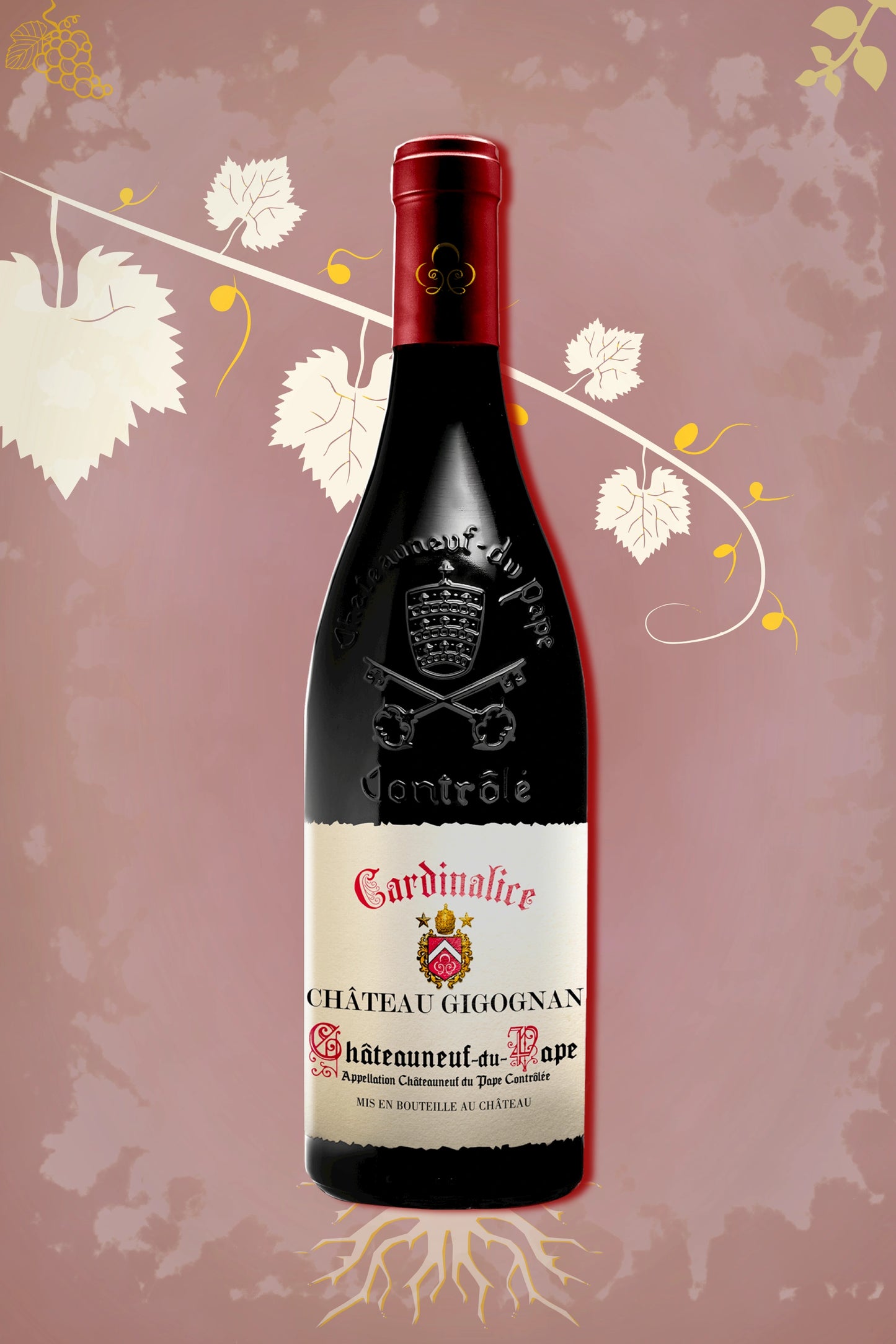 Fles Château Gigognan Cardinalice Rouge Bio 2020 uit de Rhône op bordeauxrode achtergrond.